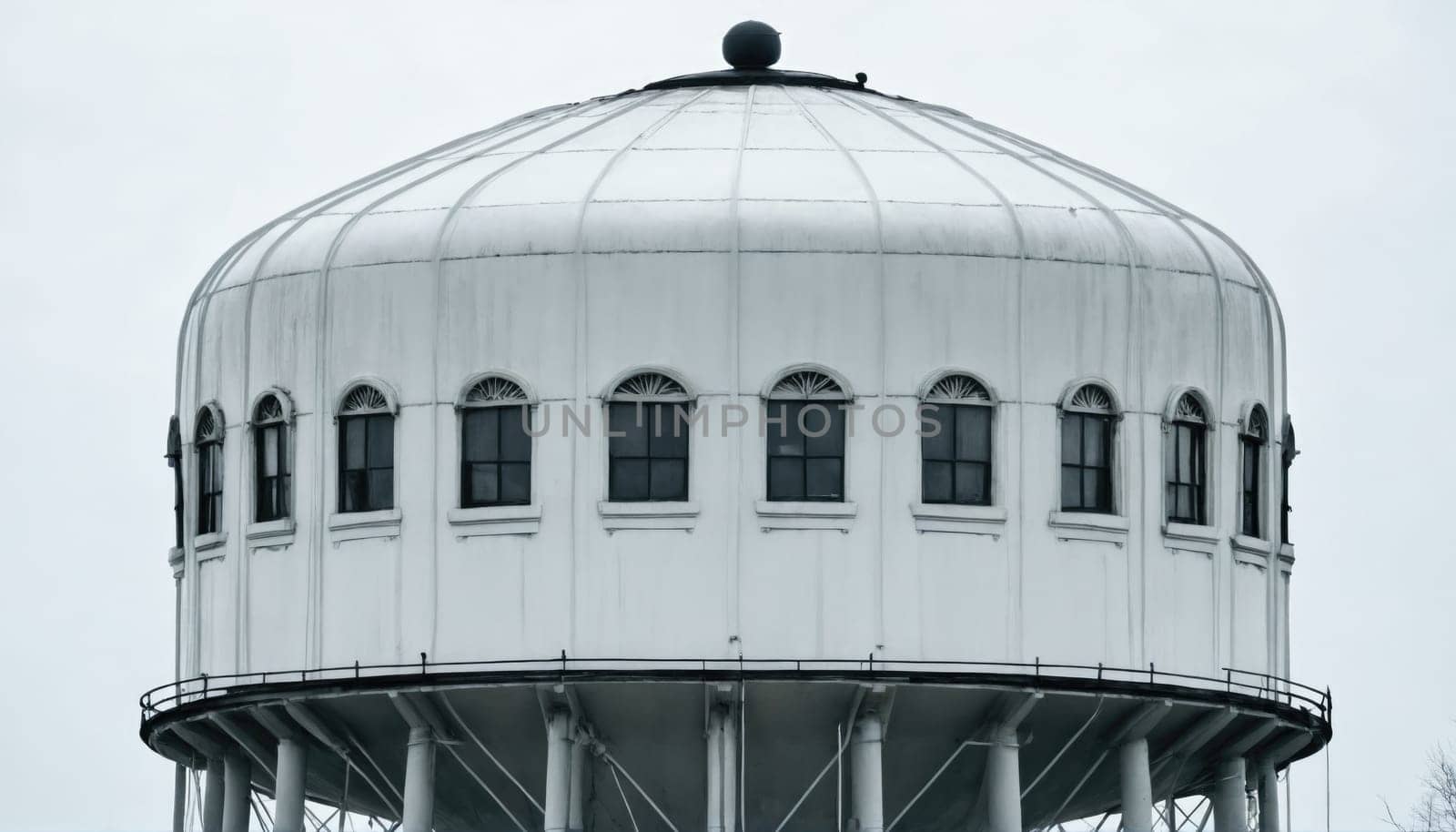 The water tower features a distinct architectural design with multiple windows and a rounded top, showcasing its historic significance in the city. It stands prominently against a cloudy sky.