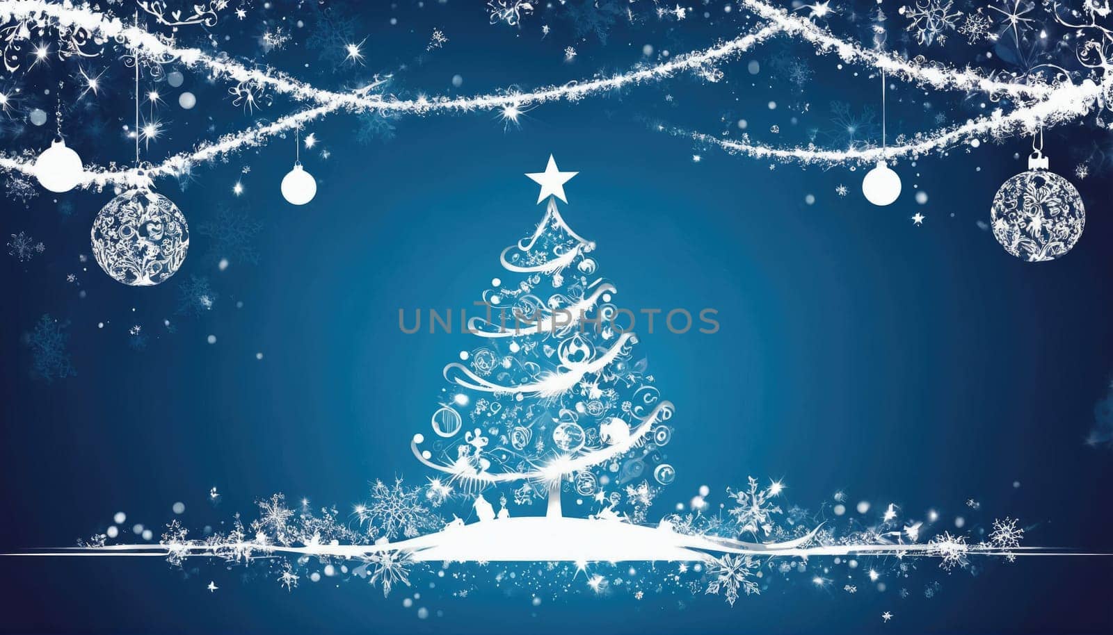 A decorated Christmas tree stands prominently against a blue background, adorned with sparkling ornaments and delicate snowflakes. The festive atmosphere captures the spirit of the season.