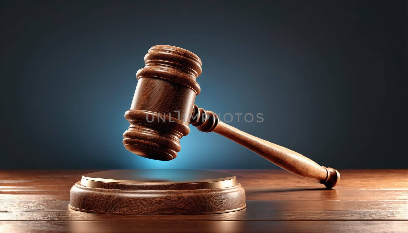 A wooden gavel is prominently placed on a polished table, surrounded by a soft blue glow. The atmosphere highlights the significance of law and justice, often used in courtrooms and legal discussions.