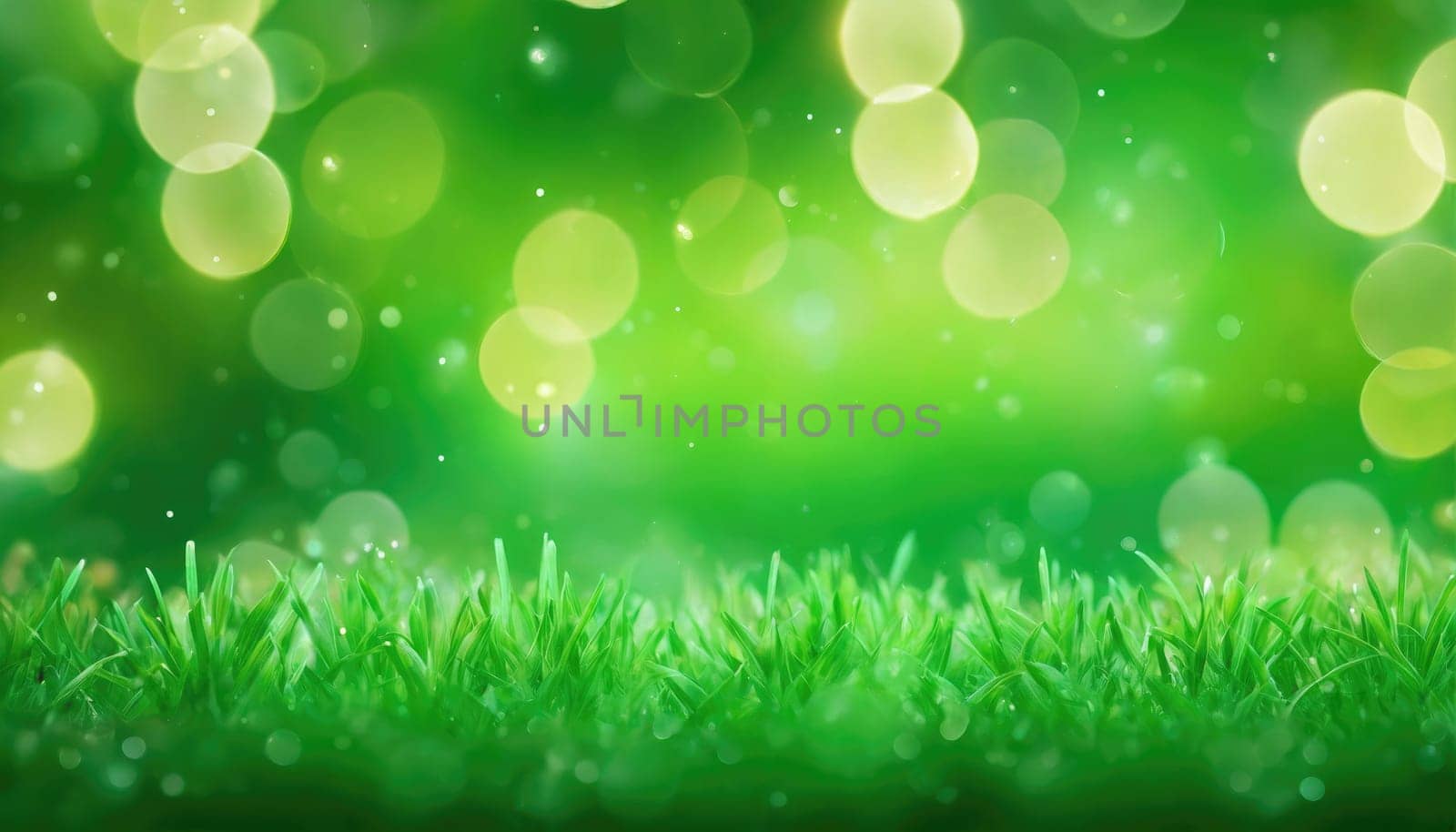 Lush green grass stretches below while soft, glowing bokeh lights twinkle in various shades of green above. This setting evokes a sense of tranquility and renewal.