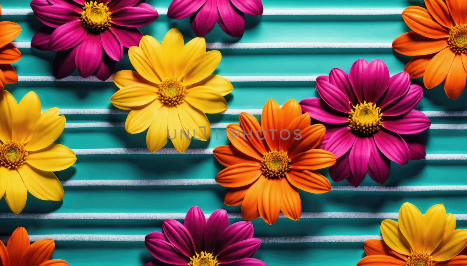 Vivid flowers in shades of yellow, pink, purple, and orange are artistically placed against a bright turquoise backdrop, adding a cheerful touch to the space and evoking a sense of joy.