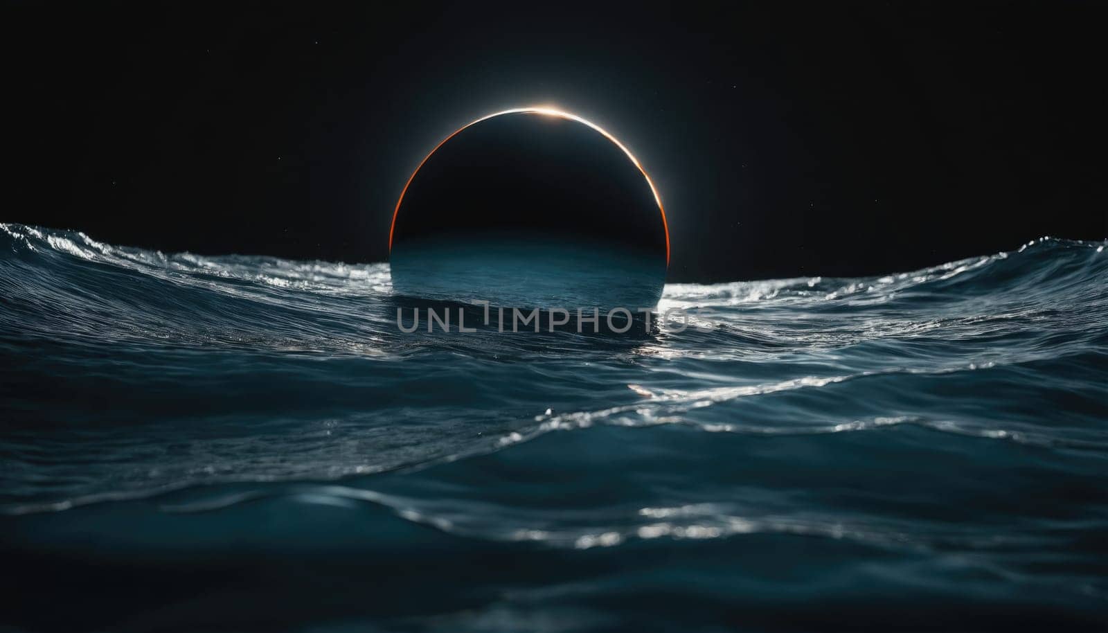 A stunning eclipse reflects off calm ocean waters under a starry sky at night. The dark silhouette contrasts beautifully with the shimmering waves, creating a dreamlike view.