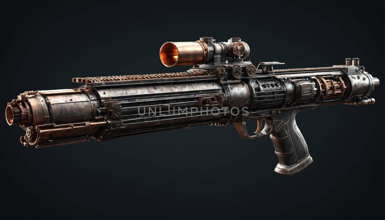 This artwork showcases a uniquely designed futuristic weapon featuring an elongated body, complex mechanical details, and a sophisticated sighting system, highlighting its advanced technology.