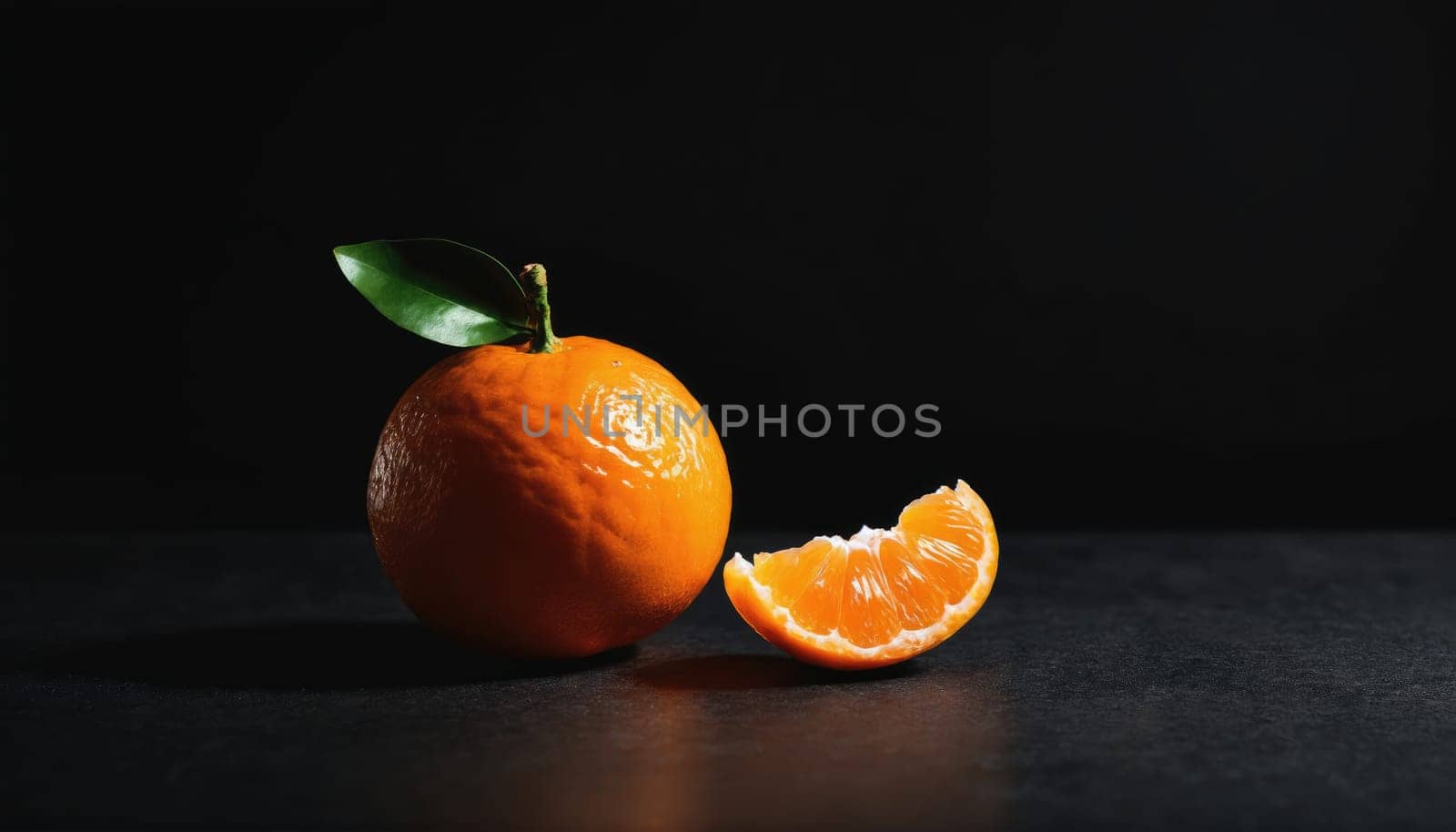 A vibrant orange sits on a black surface, alongside a freshly cut segment. The crispness of the fruit and its green leaf add to the striking contrast against the dark backdrop.
