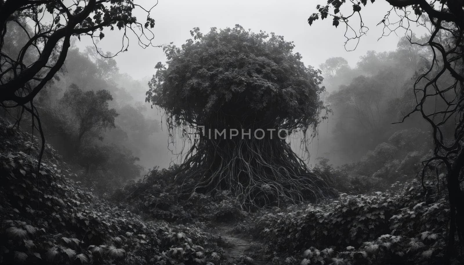 An ancient tree rises prominently in a foggy forest, its thick roots sprawling across the ground. Surrounding greenery shrouded in mist creates a mystical atmosphere.