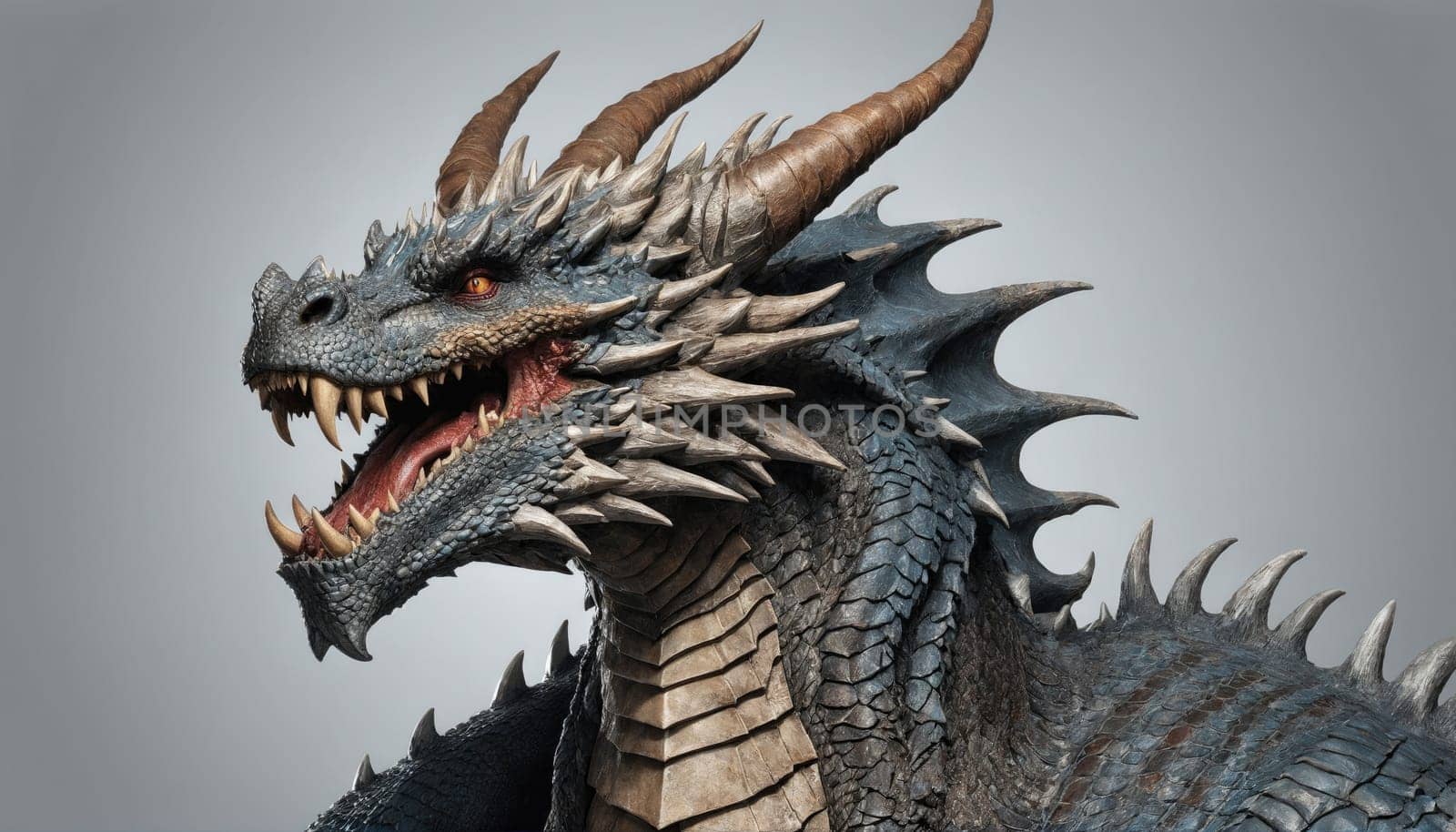 An intricately designed dragon figure displays sharp scales and menacing horns, capturing its fierce expression in a dynamic pose against a neutral backdrop.