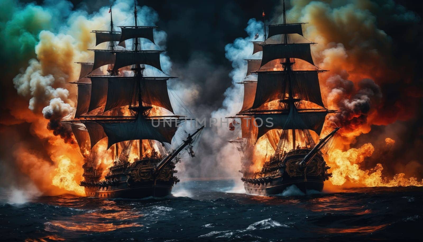 Two large ships are locked in combat on a turbulent ocean, flames and smoke rising from their hulls. The scene displays the chaos and tension of naval battles during a stormy night.