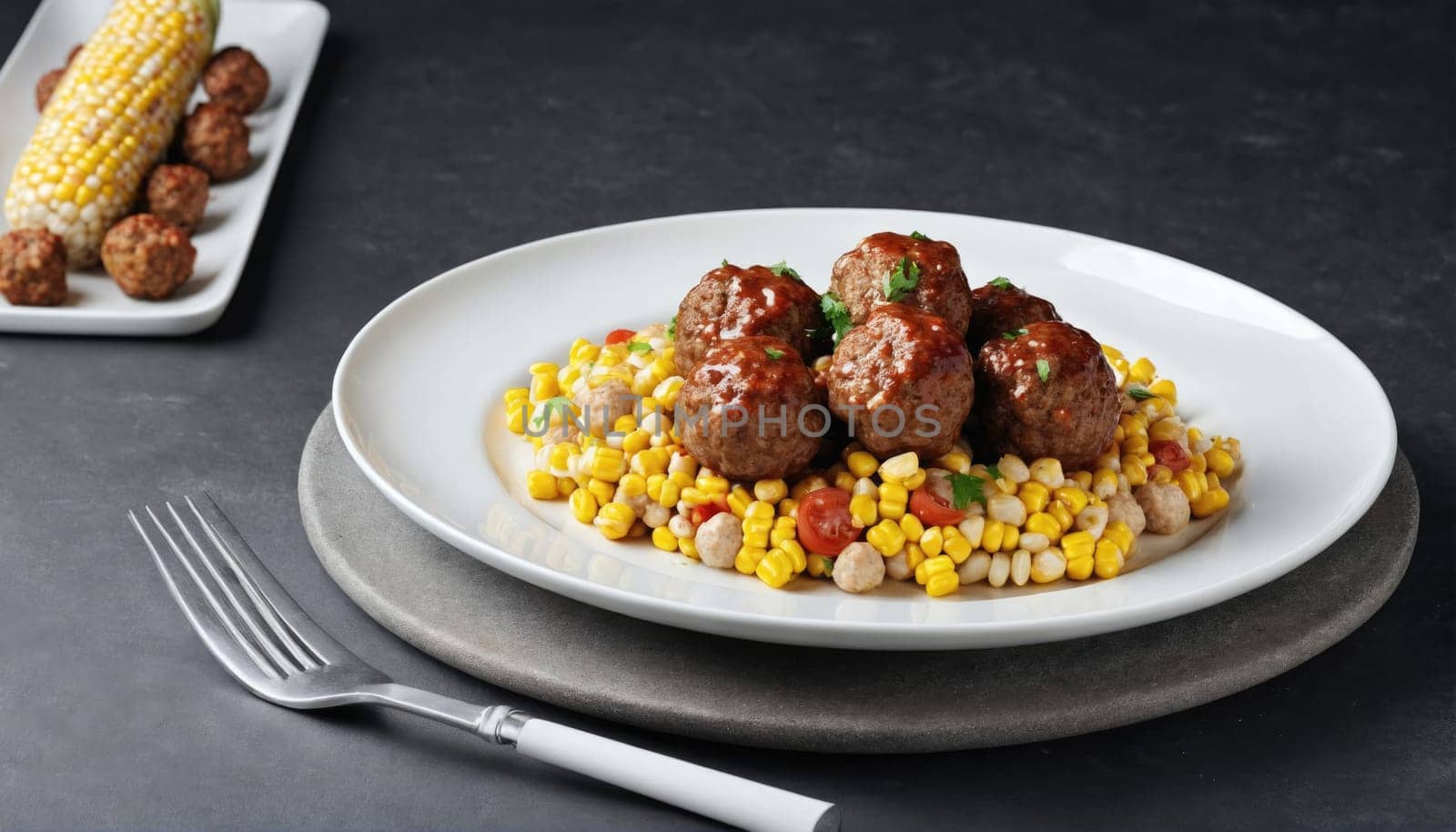 A plate features tender meatballs topped with sauce, served over a bed of corn and grains. A side dish of corn complements the main course, creating a satisfying meal.