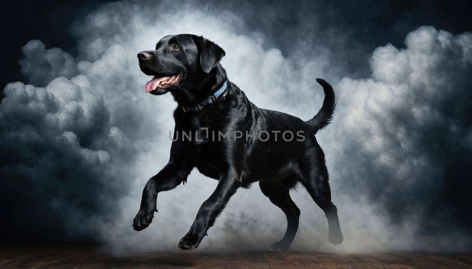 A black labrador is energetically running in a dark, smoky atmosphere, with its mouth open and tail wagging, capturing the essence of playful joy and vitality.