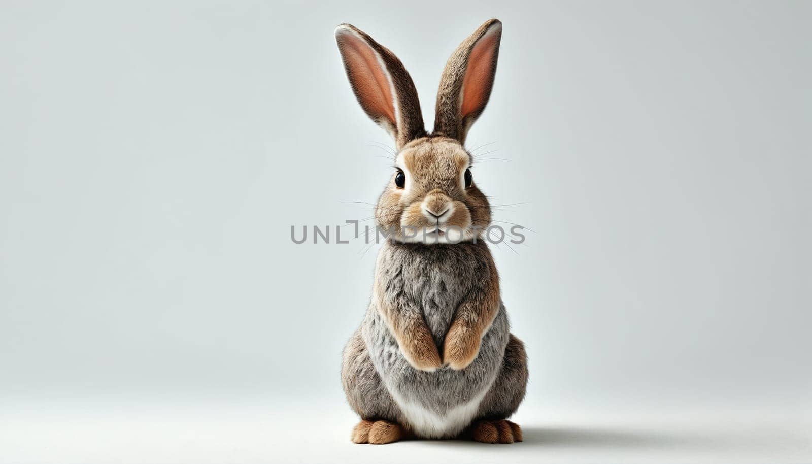 A fluffy rabbit stands upright with its paws together against a plain light background. Its fur is soft and detailed, highlighting its charming expression and large ears.