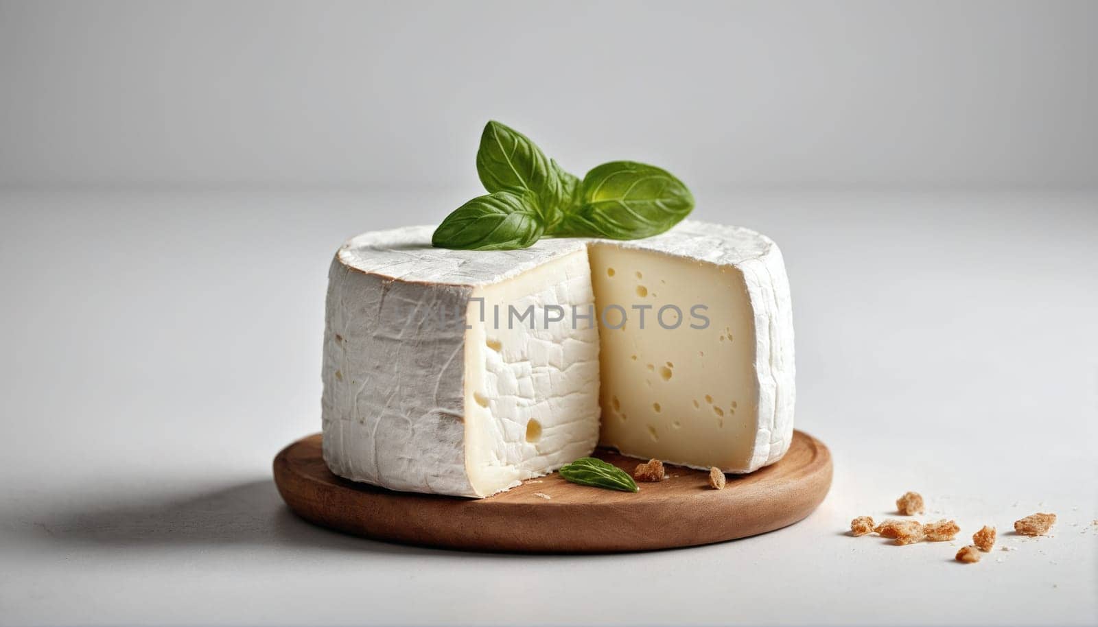 A round cheese wheel with a creamy center is showcased with a slice cut out. Green basil leaves are placed atop, adding a fresh touch to the wooden board.