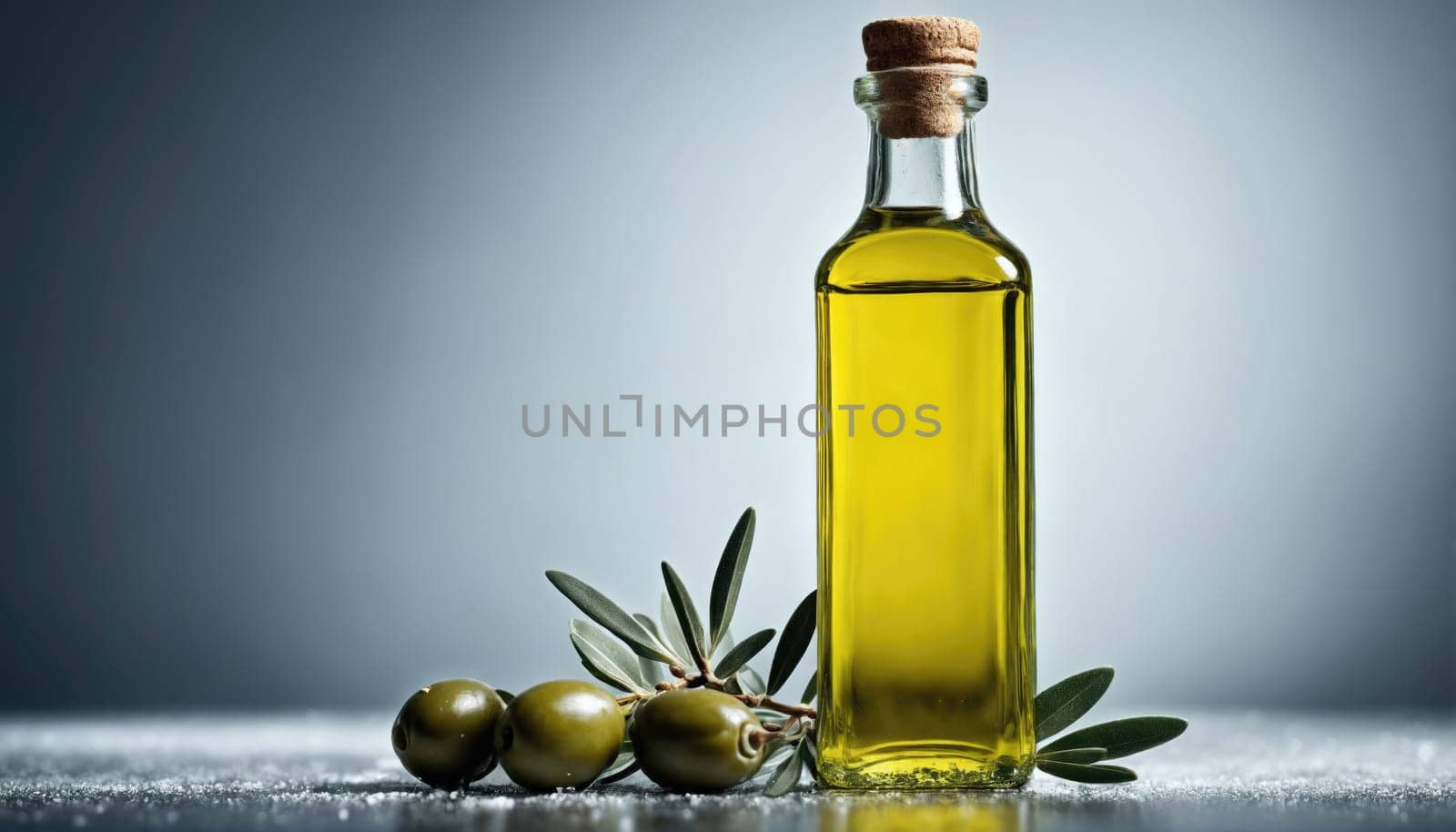 Bright green olives sit next to a glass bottle filled with golden olive oil, highlighting the natural beauty of healthy ingredients ideal for cooking and dressing salads.
