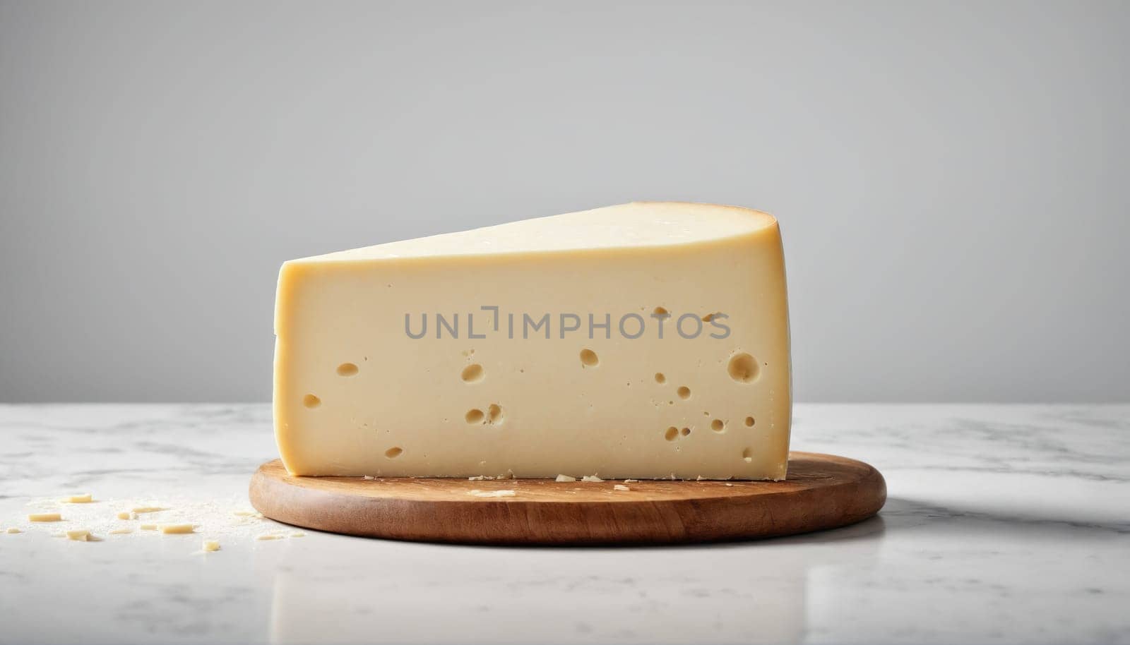 A block of fresh cheese displayed on a round wooden board against a soft light backdrop. The cheese showcases a smooth surface and small holes, perfect for tasting.