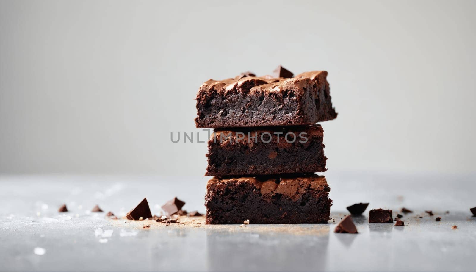 A stack of rich chocolate brownies sits attractively on a clean countertop, surrounded by scattered chocolate pieces, tempting anyone who passes by.