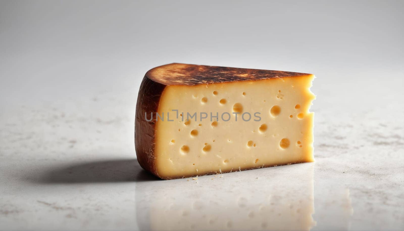 A wedge of yellow cheese shows its distinct holes and rich color on a smooth marble countertop. Soft lighting highlights its creamy texture, perfect for culinary use or snacking.