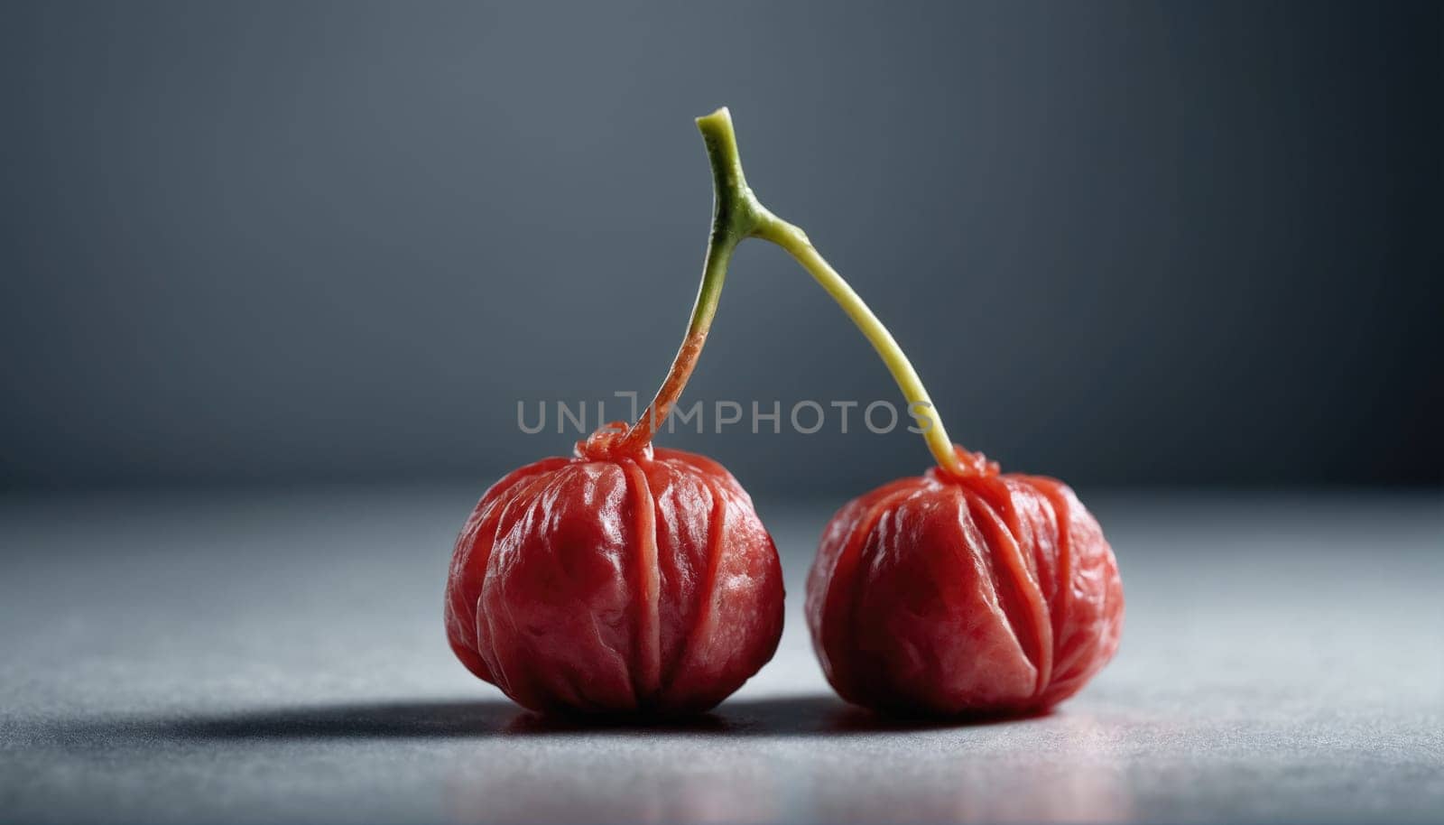 Vibrant red chili peppers are positioned closely together, showcasing their unique wrinkled texture and bright color. The lighting emphasizes their shape and freshness.