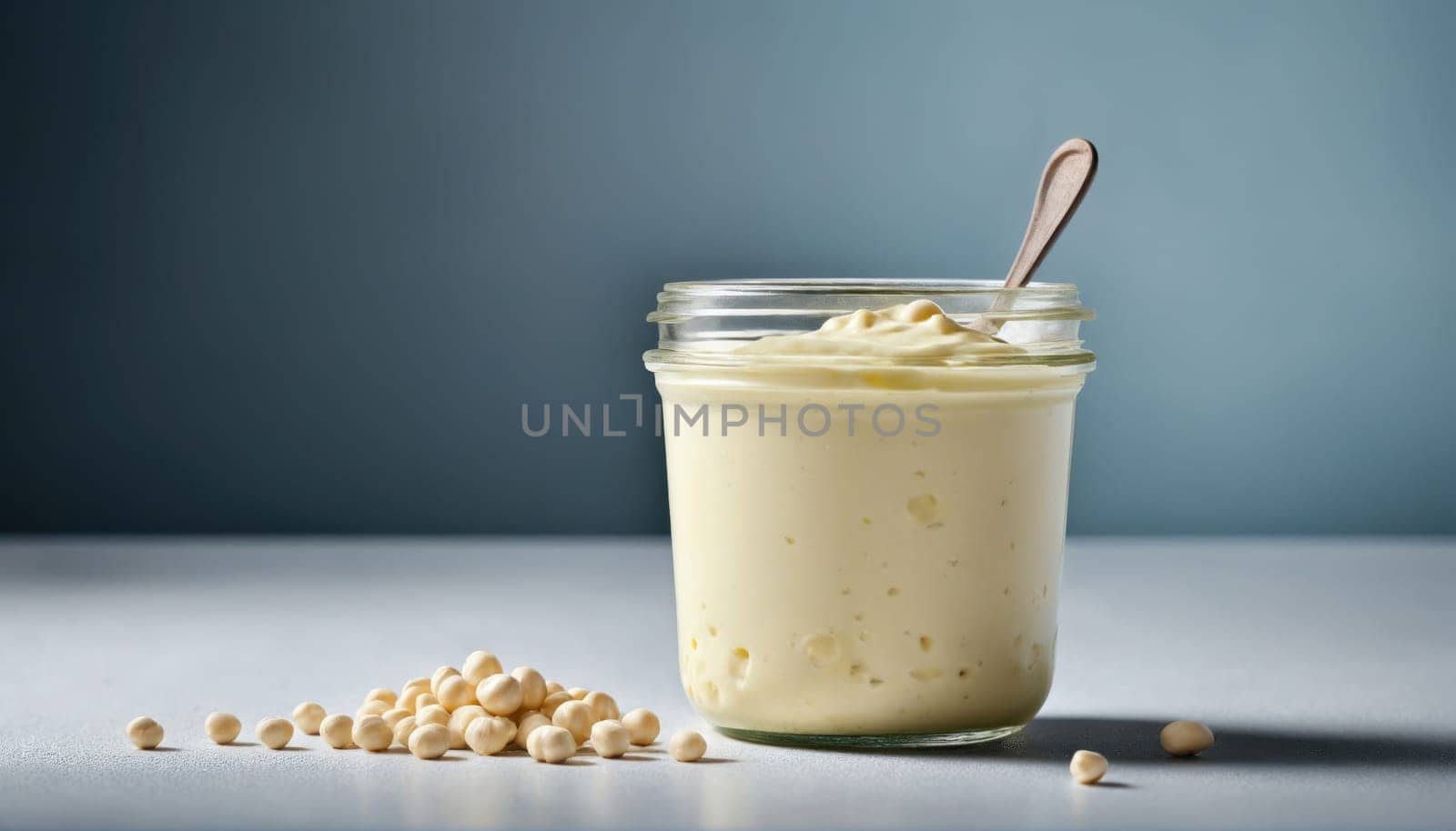 A jar filled with a creamy dessert sits on a smooth surface, accompanied by a spoon. Small round ingredients are scattered nearby, creating a simple yet appetizing presentation.
