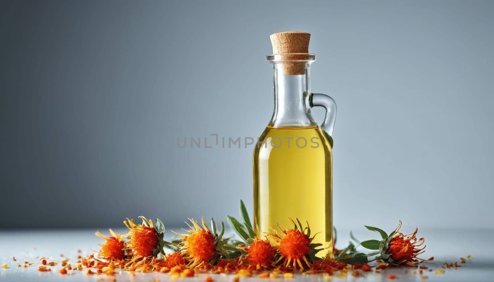 A clear glass bottle filled with golden safflower oil sits on a surface surrounded by bright orange safflower flowers and green leaves, creating a vivid arrangement.