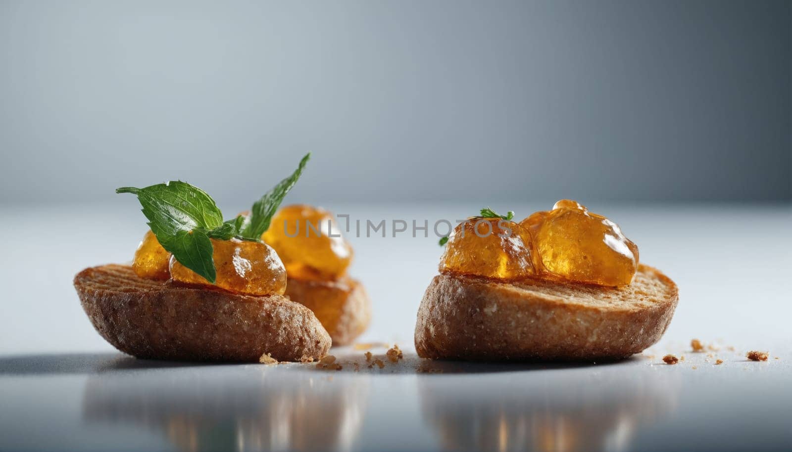 Two pieces of toasted bread are artfully arranged, each topped with shiny jelly and fresh mint leaves, creating an elegant dessert display on a softly lit surface.