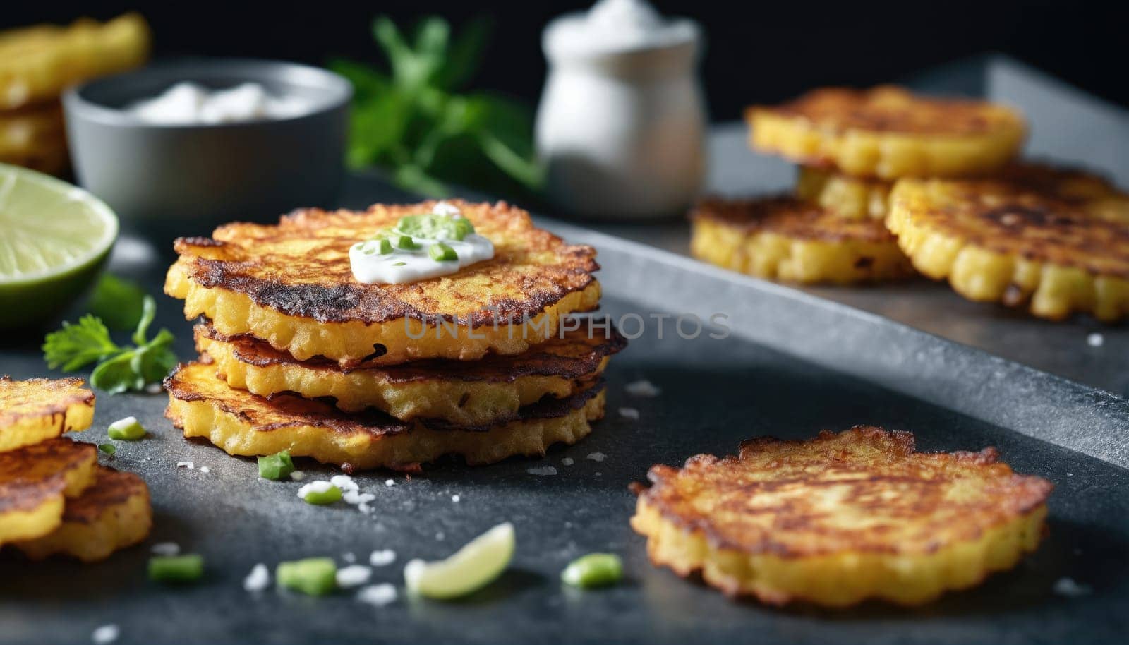 Stacked corn fritters are beautifully arranged on a dark slate platter. Lime wedges, herbs, and a small bowl of sauce accompany the dish, creating an inviting presentation.