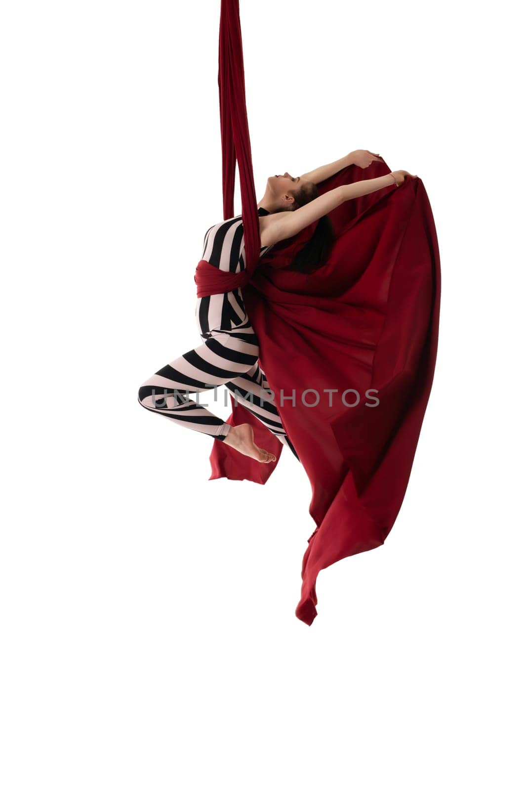 Slim woman in black and white striped body hanging gracefully on burgundy cloth isolated shot