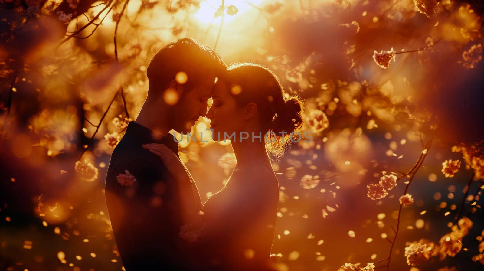 Two individuals share a tender moment as they stand close together, surrounded by delicate cherry blossoms illuminated by the warm glow of the setting sun - Generative AI