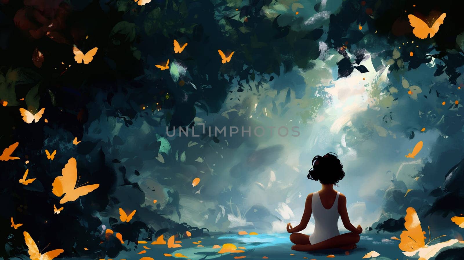 A serene setting featuring a young woman sitting cross-legged in meditation within a lush forest. Golden butterflies dance around her, enhancing the tranquil atmosphere - Generative AI