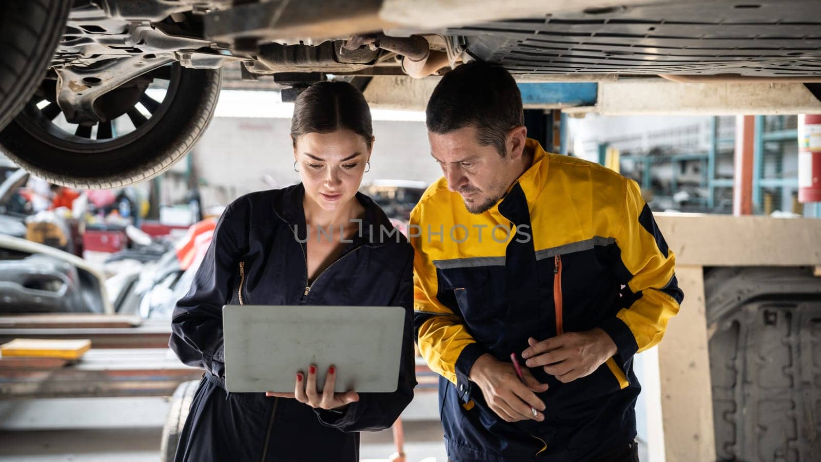 Two vehicle mechanic working together underneath lifted car, conduct car inspection with laptop. Automotive service technician in uniform carefully make diagnostic troubleshooting. Panorama Oxus