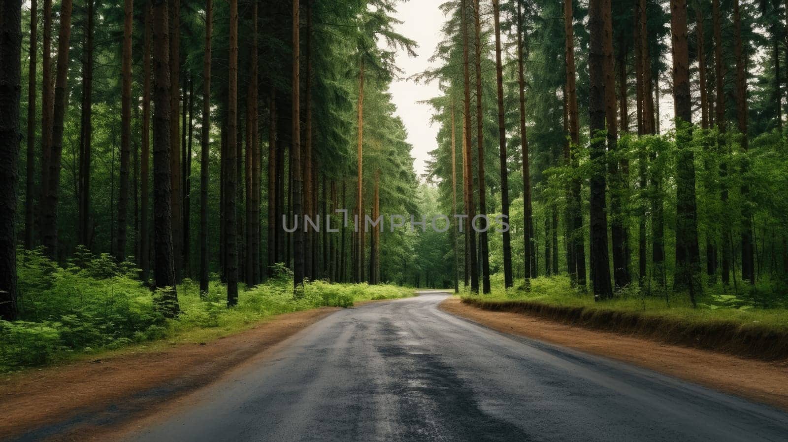 Forest with tall trees. Road in the center by natali_brill