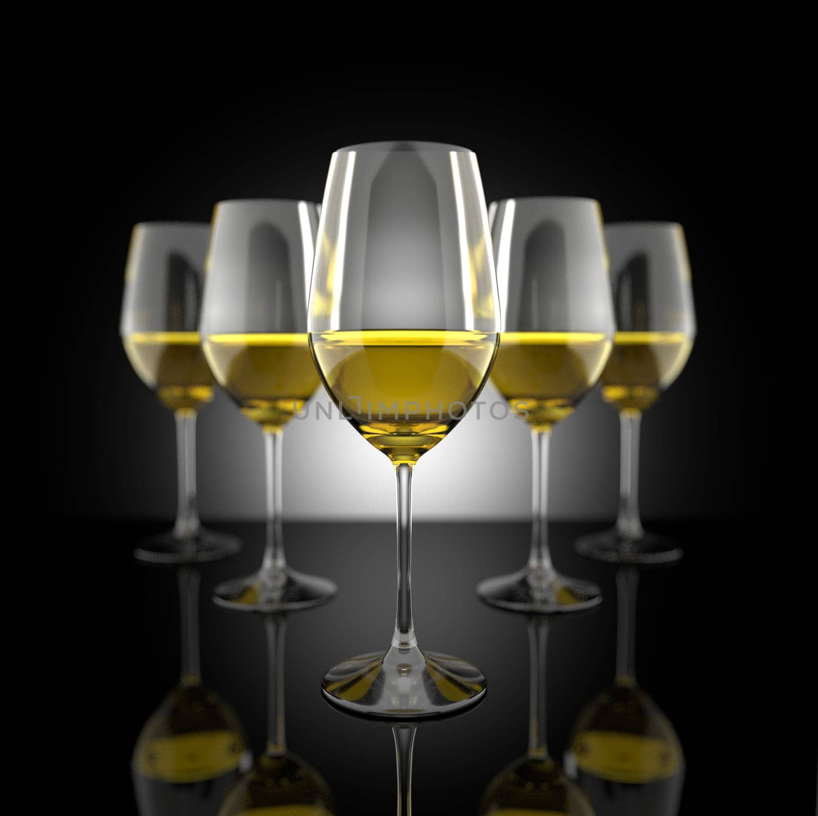 White wine glass set 3D illustration render
