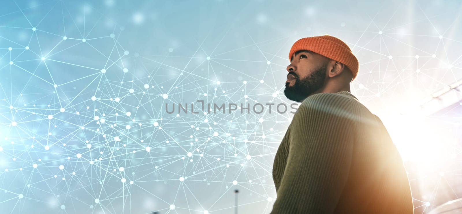 City, hologram and man with banner, thinking and travel with student, lens flare and casual outfit. Person, planning or guy on a road, outdoor and bokeh with solution, futuristic or vision with ideas.
