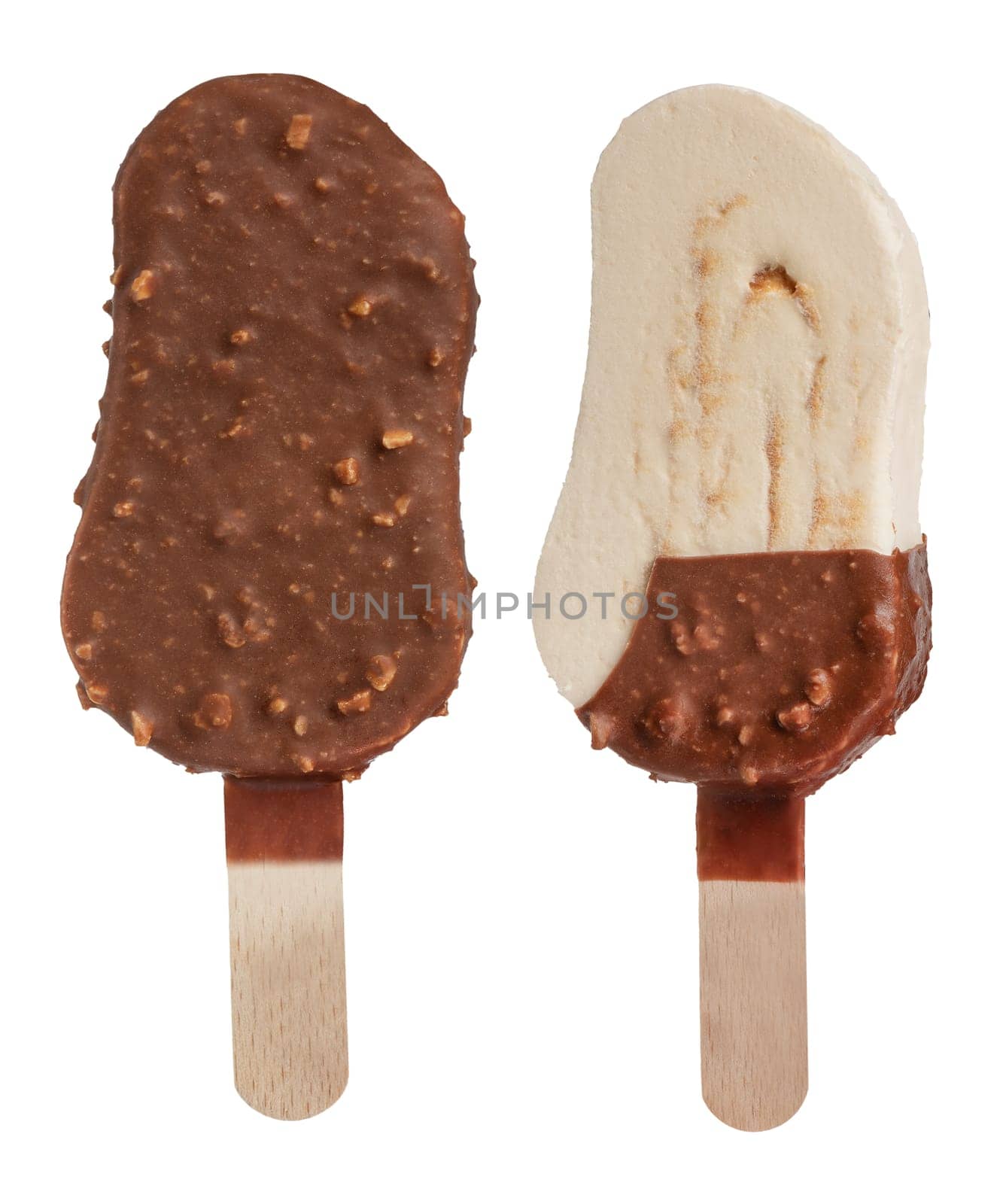 Two ice creams on a stick with and without chocolate icing on a white isolated background. Ice cream mockup with and without glaze. High quality photo