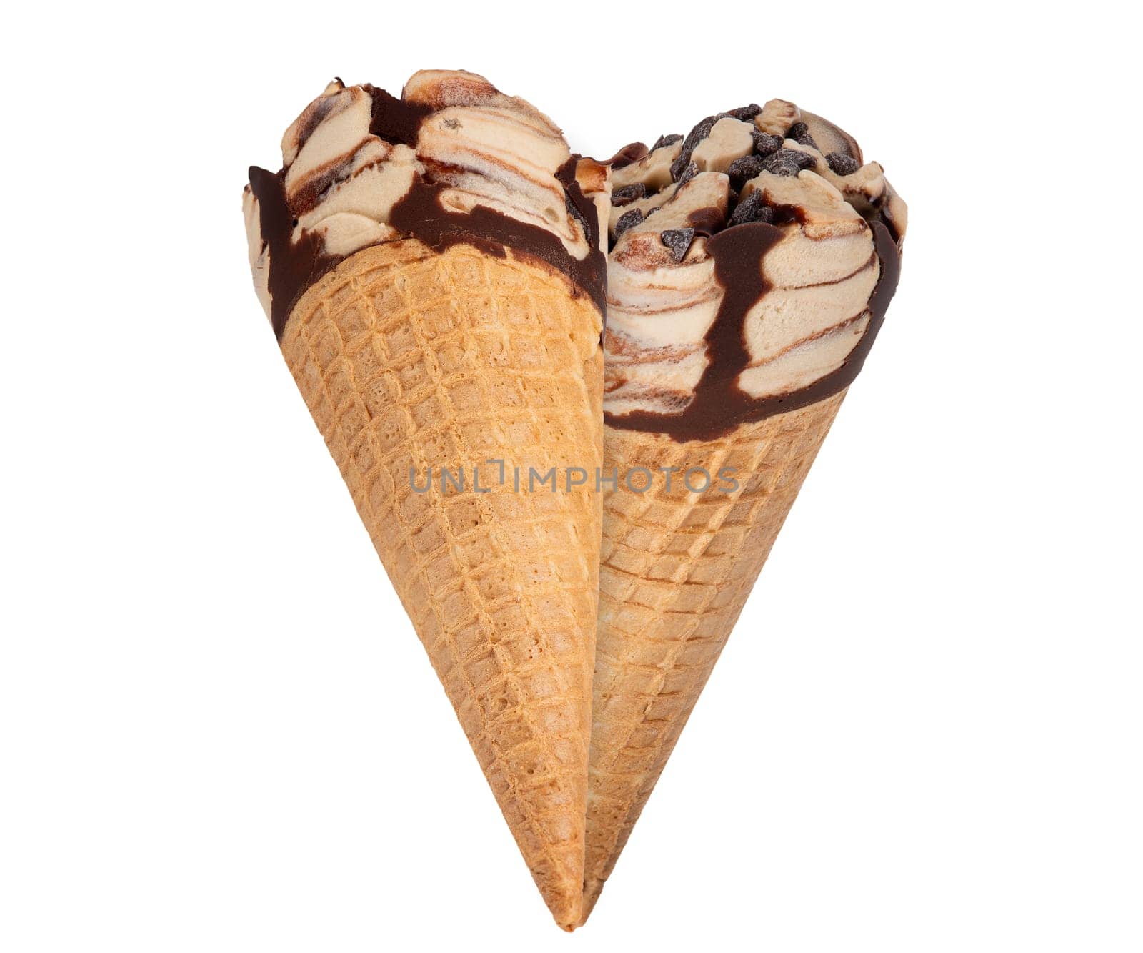 Two ice creams in a waffle cup with on a white isolated background. Ice cream in the shape of a heart with chocolate flavor from different sides on white. by SERSOL