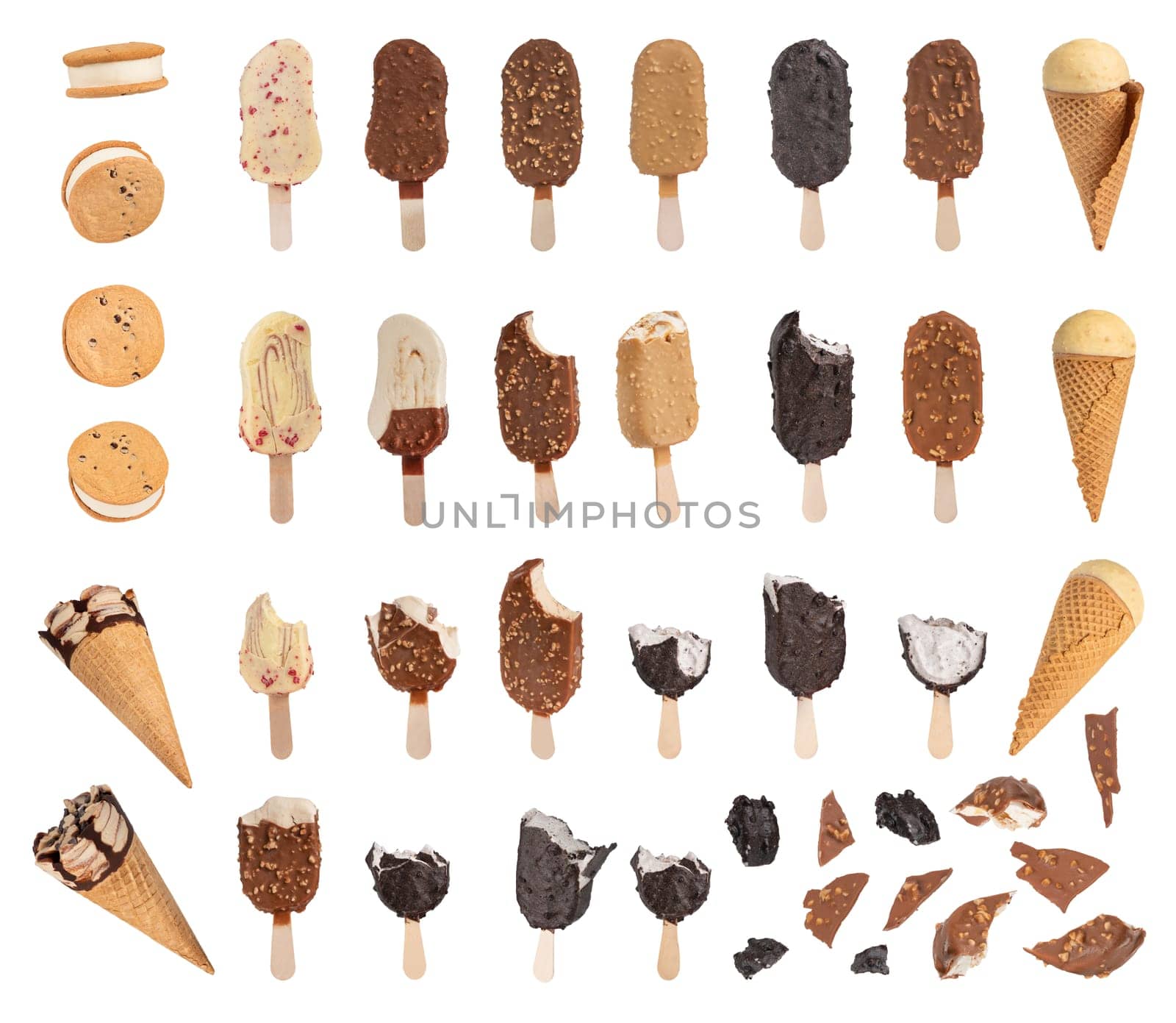 A huge set of ice cream of different shapes, different types and tastes on a white isolated background. Chocolate ice creams with icing of different colors. High quality photo