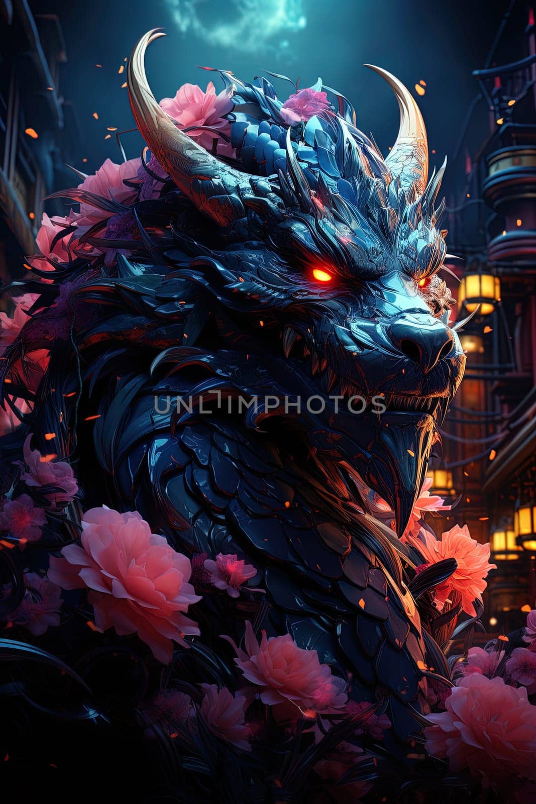 Fantastical dragon in 3D style, close-up, fantastic character, colorful bright background.ai generative art,
