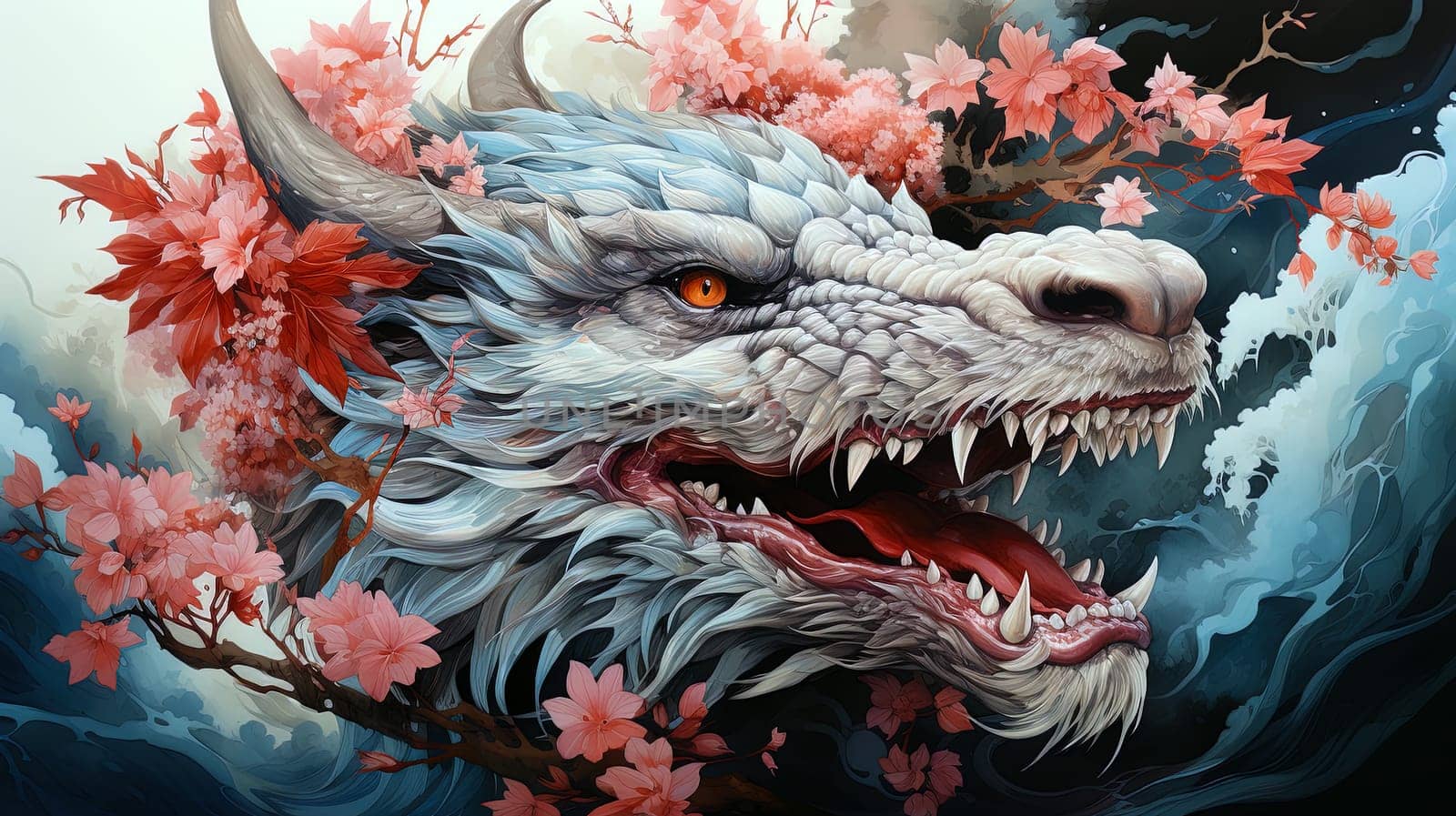 watercolor Fantastical dragon in Japanese style,, close-up, fantastic character, colorful bright background.ai generative art,