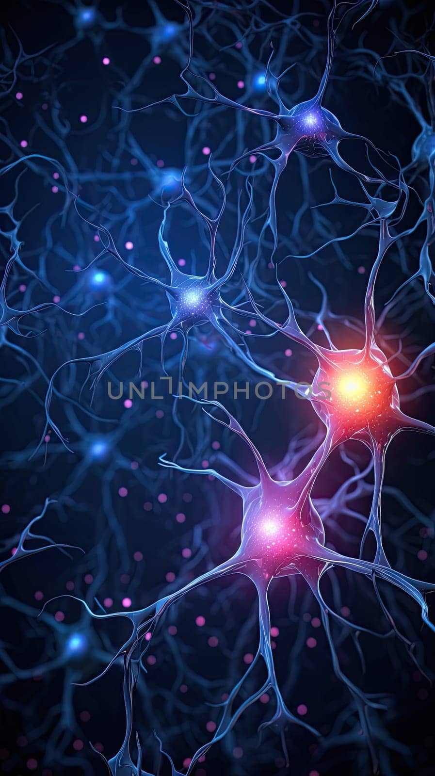 Conceptual illustration of neuron cells with glowing link knots in abstract dark space by papatonic