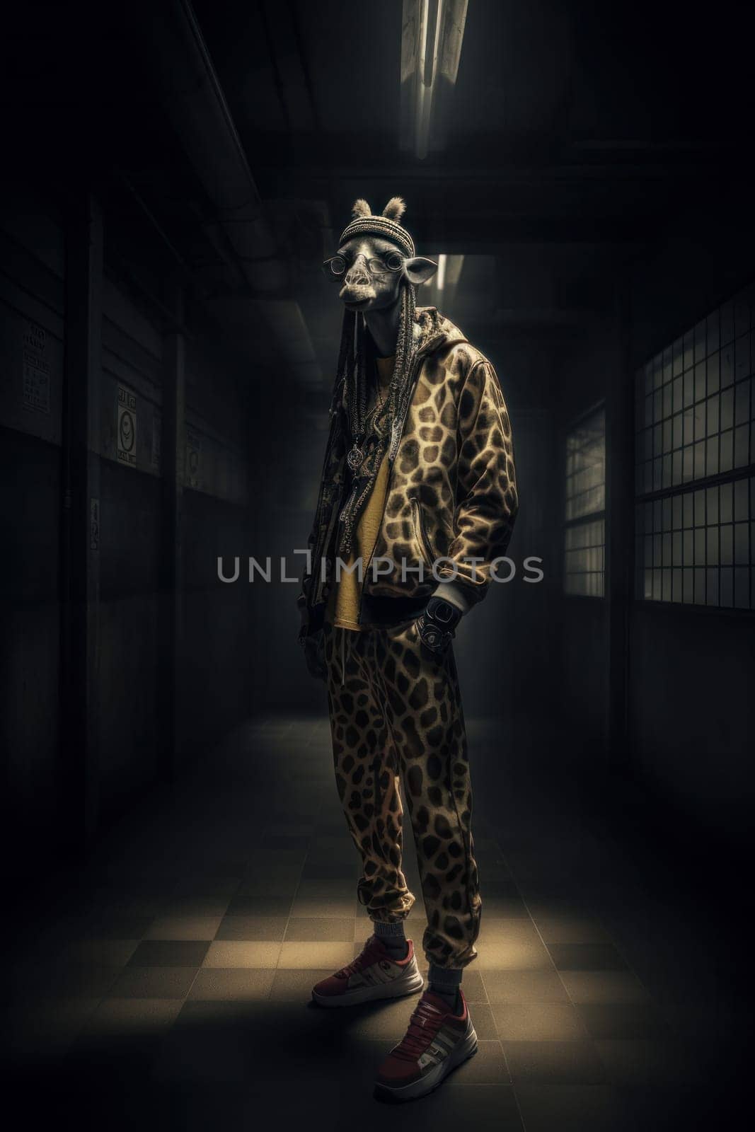 A giraffe stands tall in the dark wearing a stylish outfit of jacket and pants, creating a surreal and bizarre image. This unique scene merges fashion and nature in a humorous way. Is AI Generative.