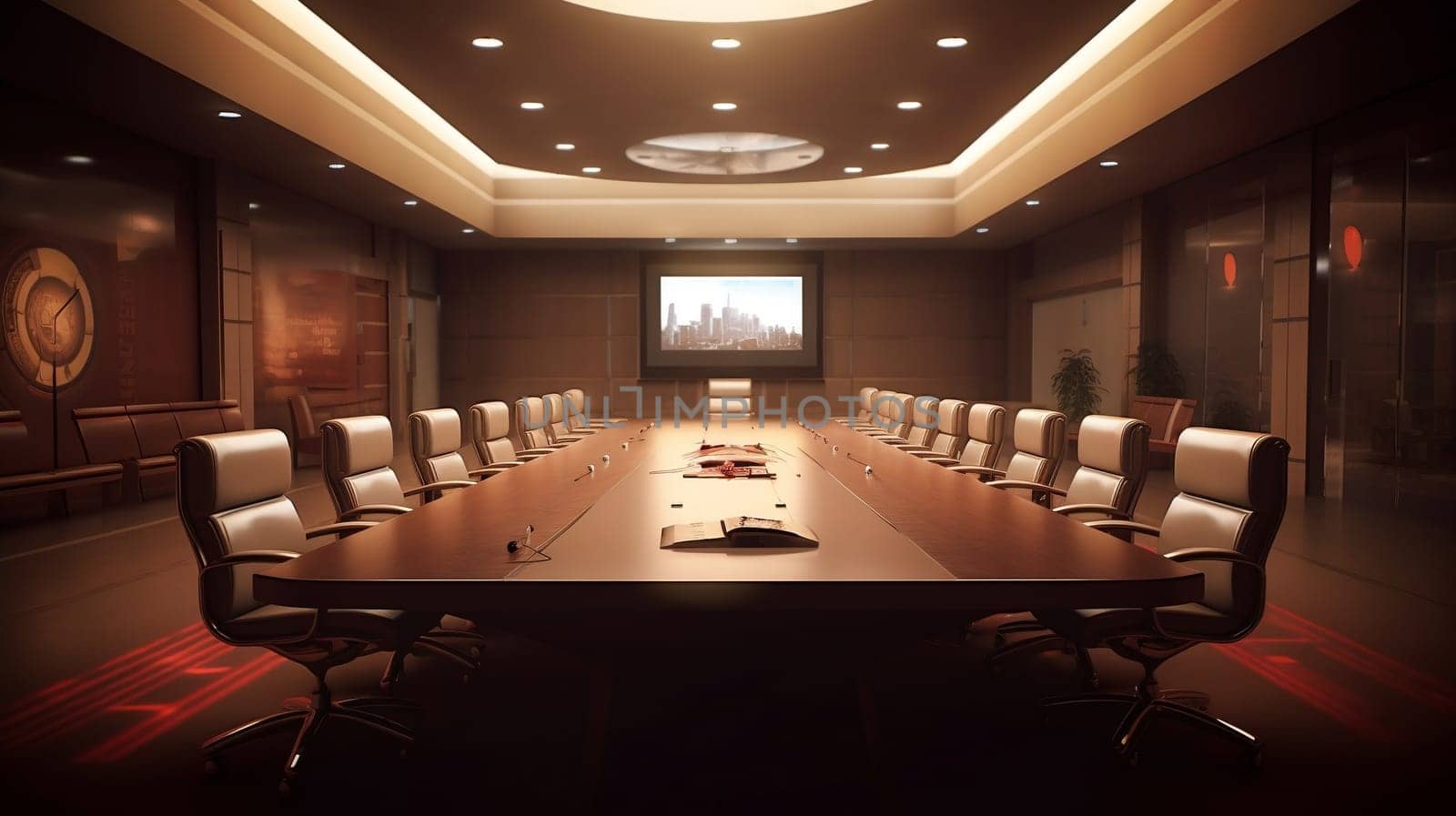 Empty stylish conference hall for business meetings with a big wooden table and leather chairs and a screen for presentations. Virtual conference. by BusFamily