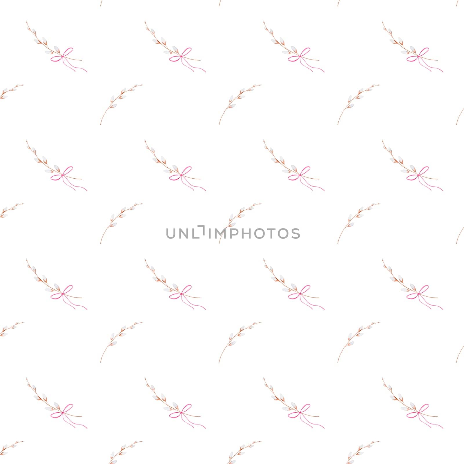 seamless watercolor pattern of willow branch and bow. Easter elegant pattern for printing on textiles, tablecloths, bedspreads, napkins. Happy Easter festive pattern. High quality illustration