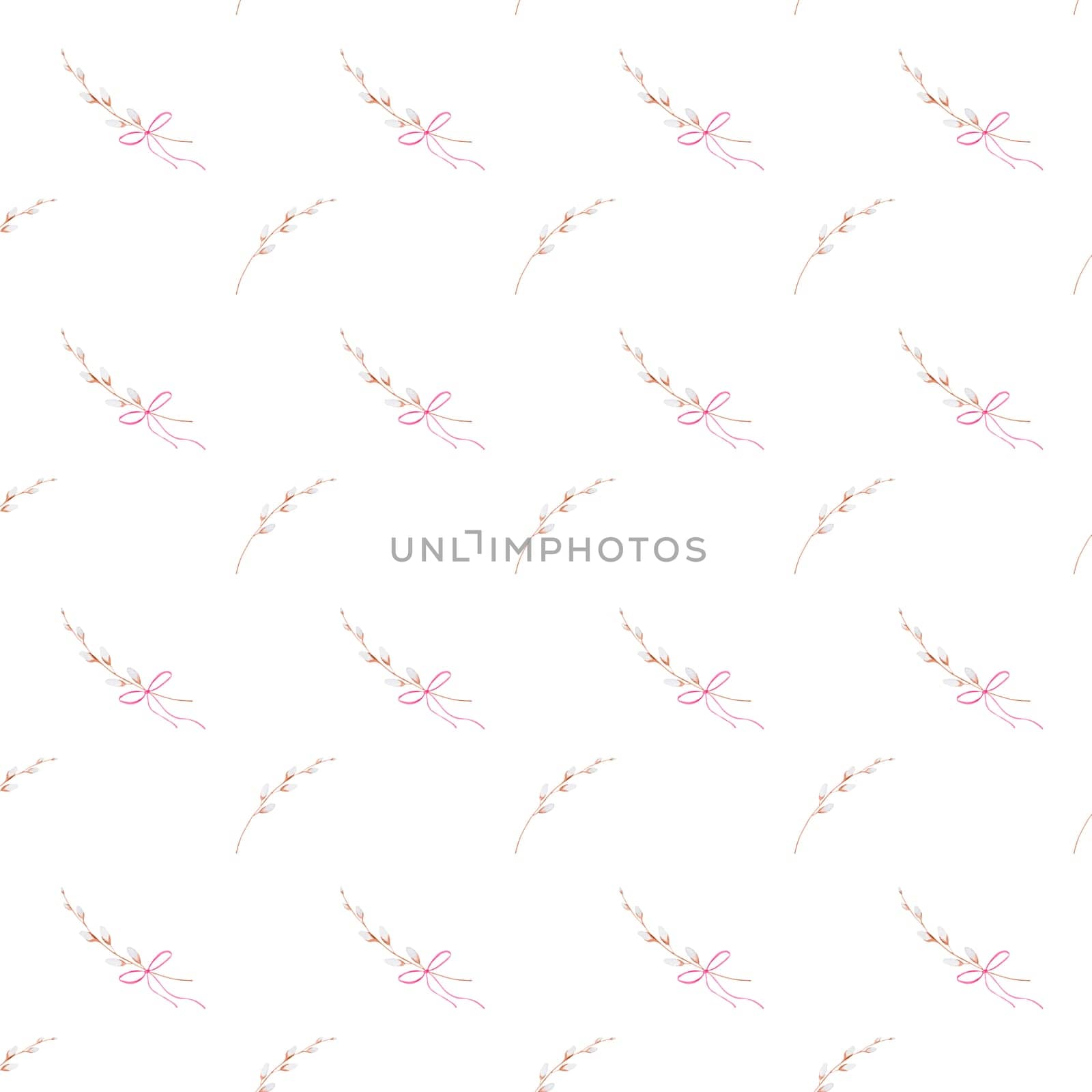 seamless watercolor pattern of willow branch and bow. Easter elegant pattern for printing on textiles, tablecloths, bedspreads, napkins. Happy Easter festive pattern. High quality illustration