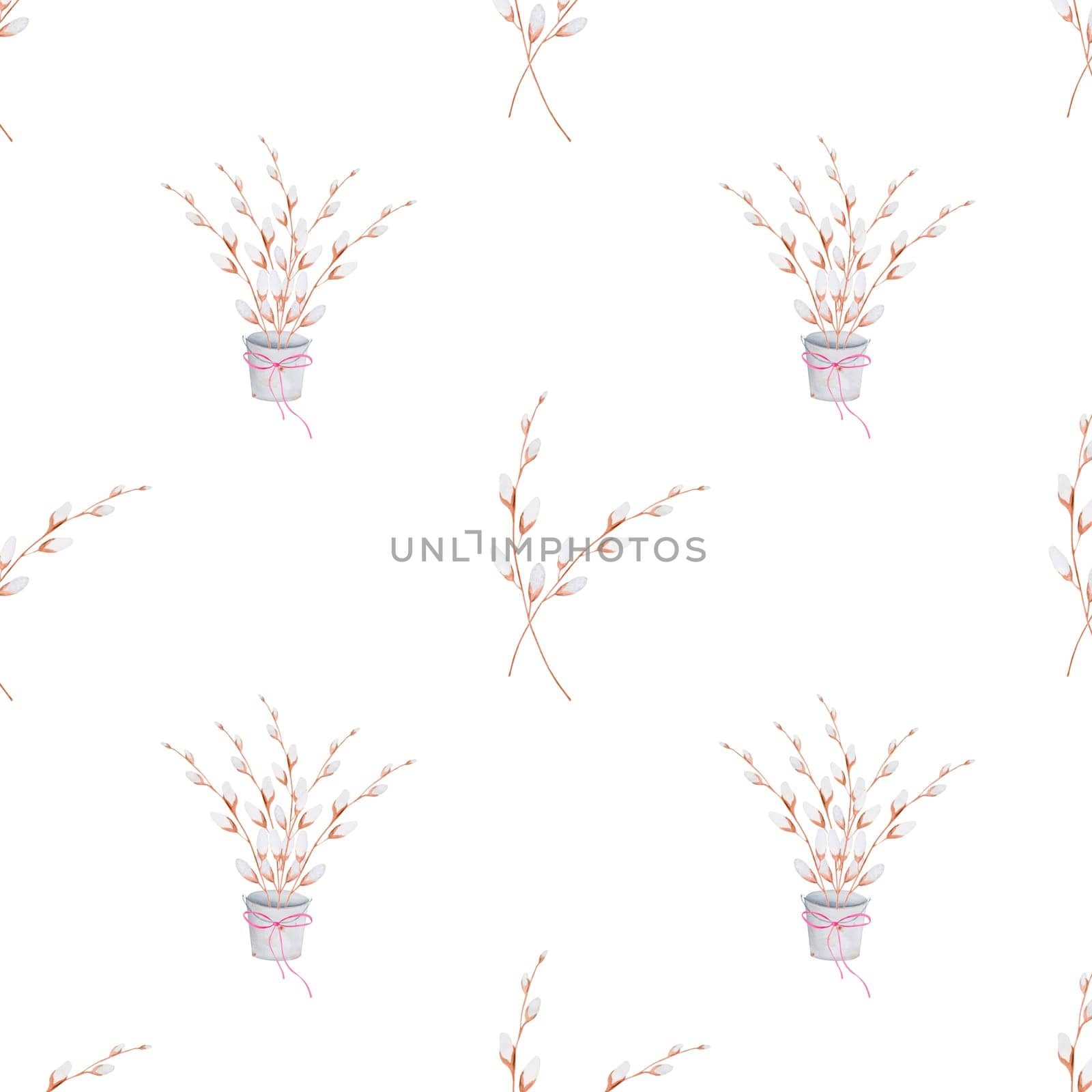 seamless watercolor pattern of willow branch. Easter elegant pattern for printing on textiles, tablecloths, bedspreads, napkins. Happy Easter festive pattern. High quality illustration