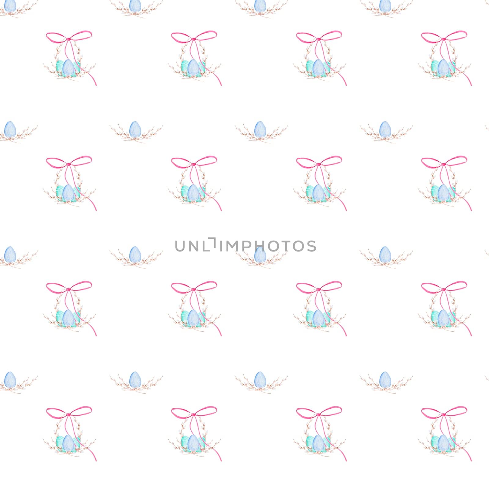 watercolor seamless pattern of Light avskhi. composition of eggs and willow branches. Beautiful pattern for printing on textiles, napkins, tablecloths, wrapping paper for Easter cakes. High quality illustration