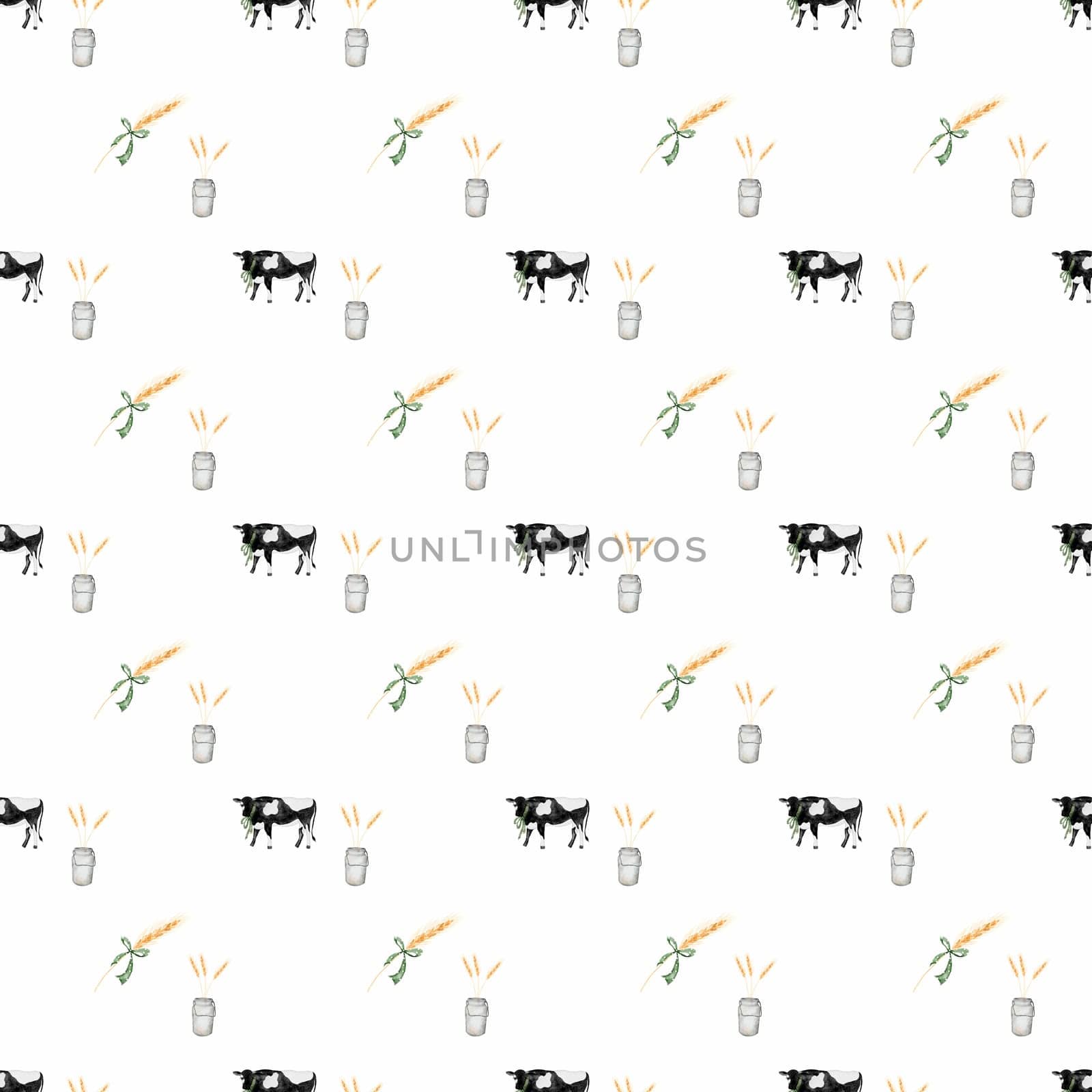 seamless pattern drawn by hand. cute cow with bow and can. farm rural life rustic style for printing on textiles, packaging, scrapbooking. High quality photo