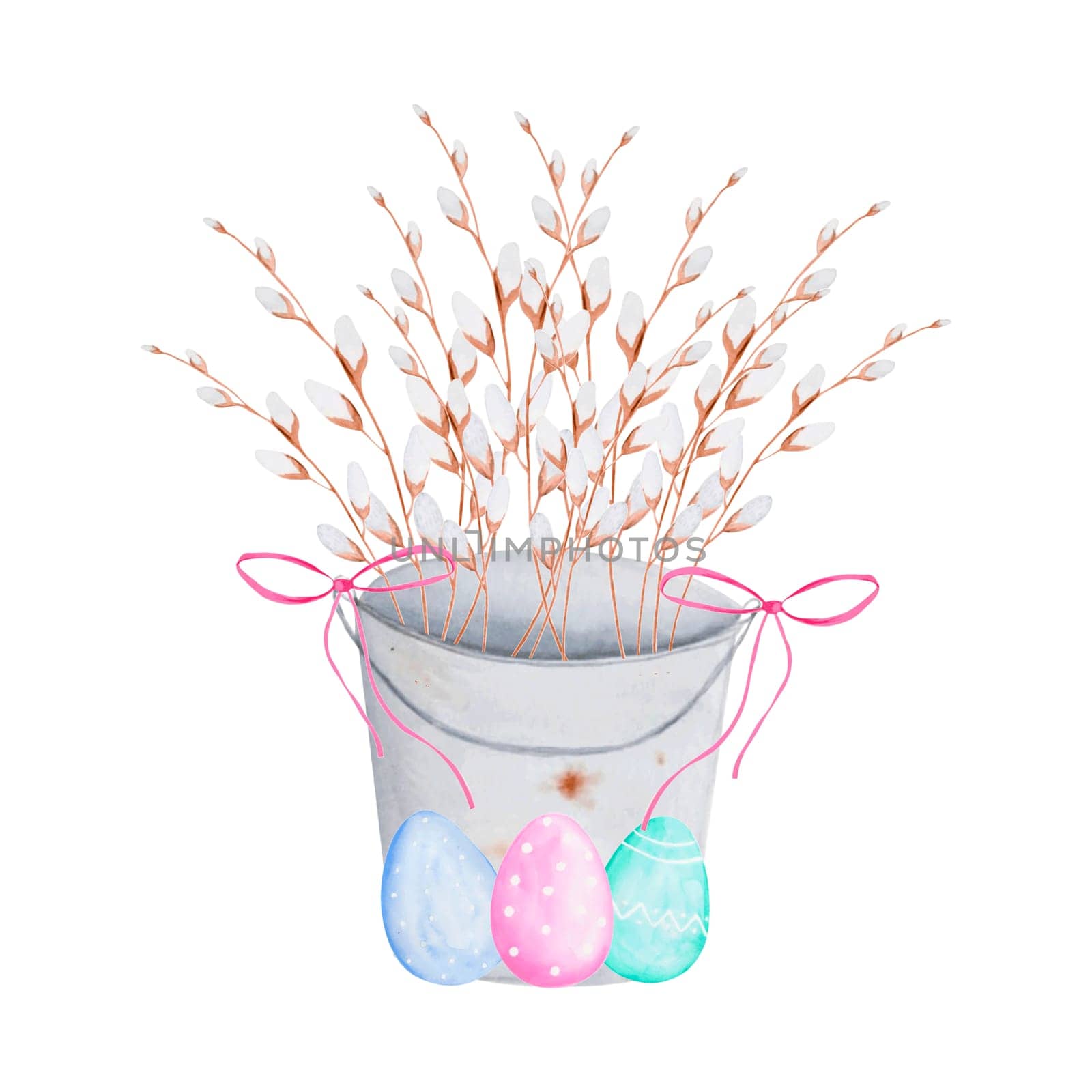 watercolor illustration isolate bucket with willow branches and eggs. Easter pattern for printing on cards, pillows, posters, banner decoration. High quality illustration