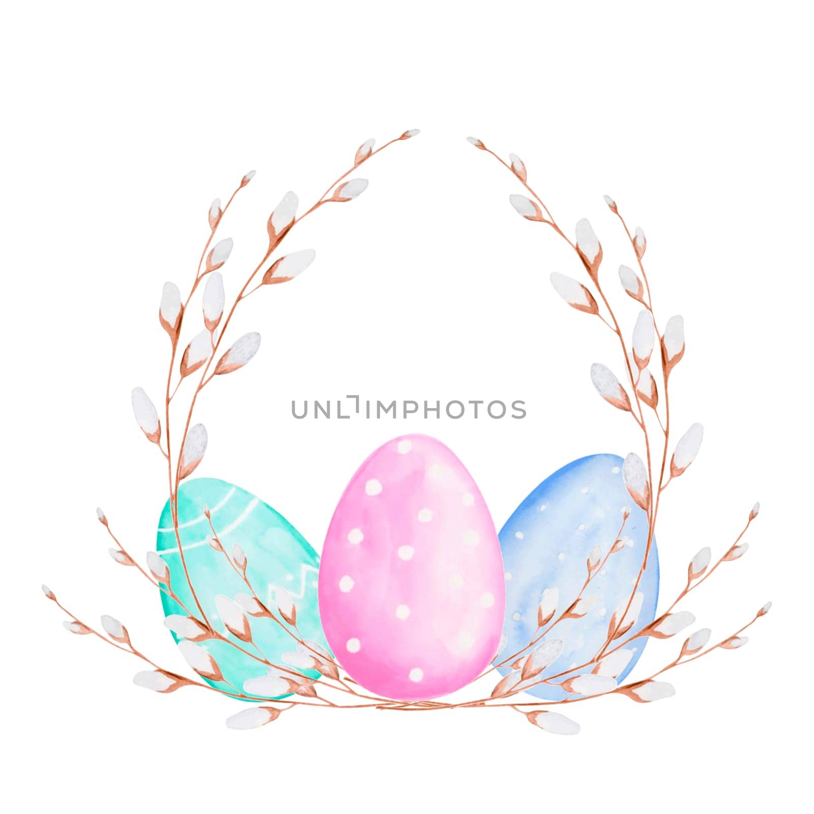 watercolor drawing of Easter eggs with willow branches. tender fluffy willow and colorful eggs for the Bright Easter holiday. isolate to create your design. for postcard, poster, sticker, pillow print. High quality illustration