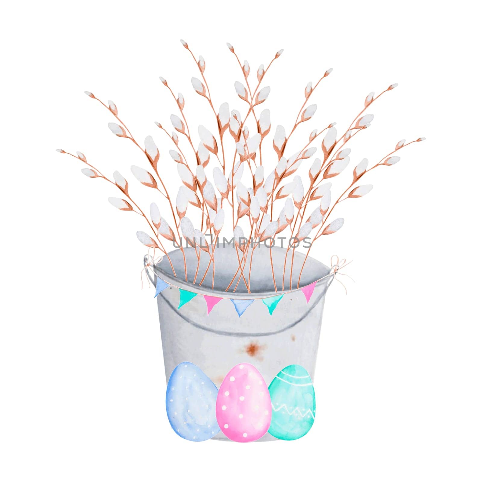 watercolor drawing of an Easter bucket with willow branches and flags, garlands, eggs and. tender fluffy willow for the bright holiday of Easter. isolate to create your design. for postcard, poster, sticker, pillow print. High quality illustration