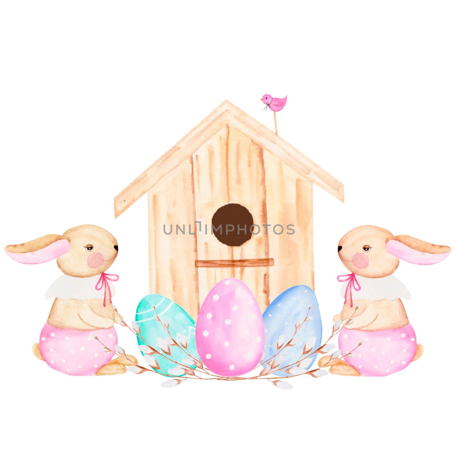 watercolor illustration of Easter bunnies house and eggs and willow. cute illustration isolate for decorating cards, invitations, printing on textiles, napkins, mugs, plates. High quality illustration