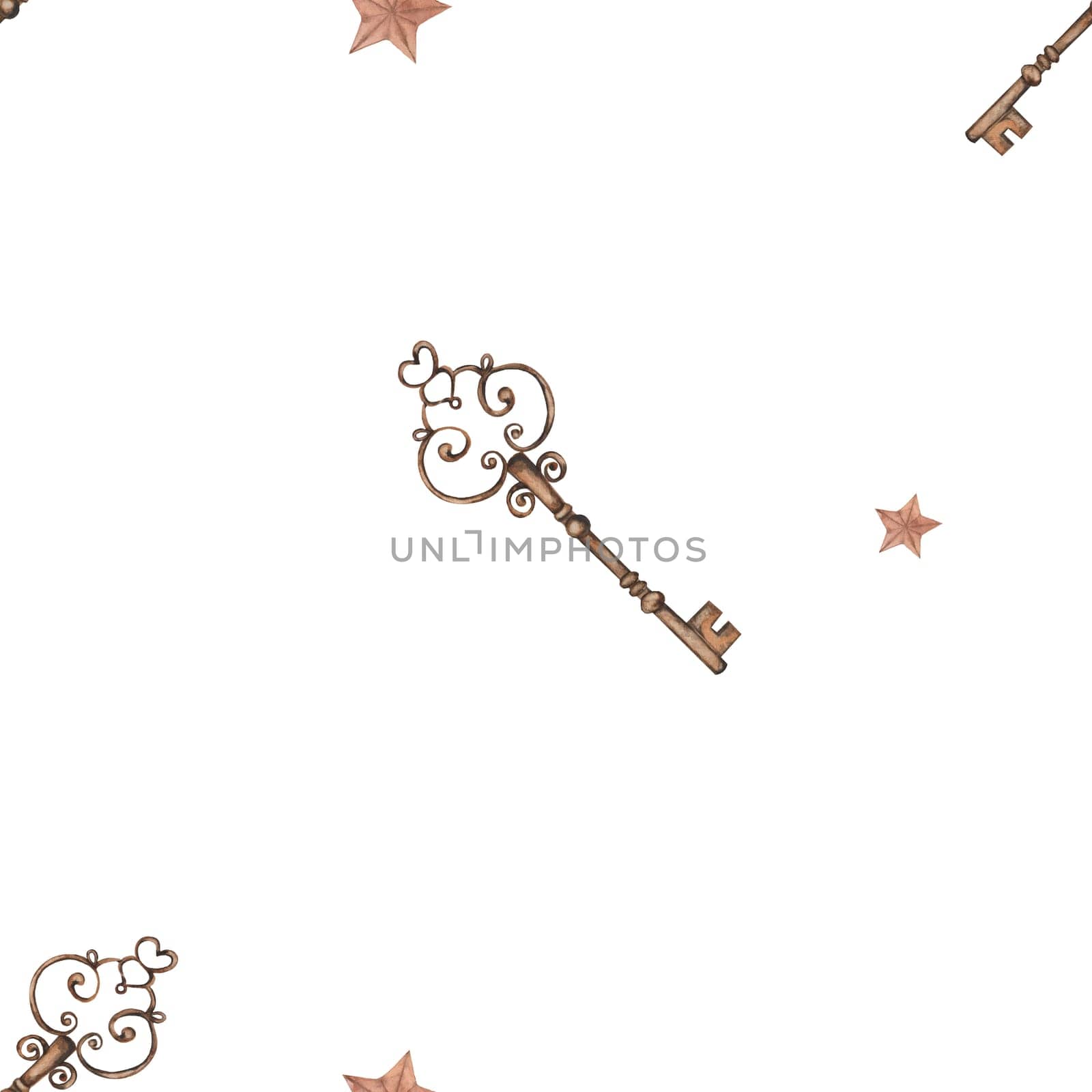 watercolor seamless pattern vintage keys and stars. cute pattern for children's textiles, packaging, printing, paper. enjoy. High quality photo