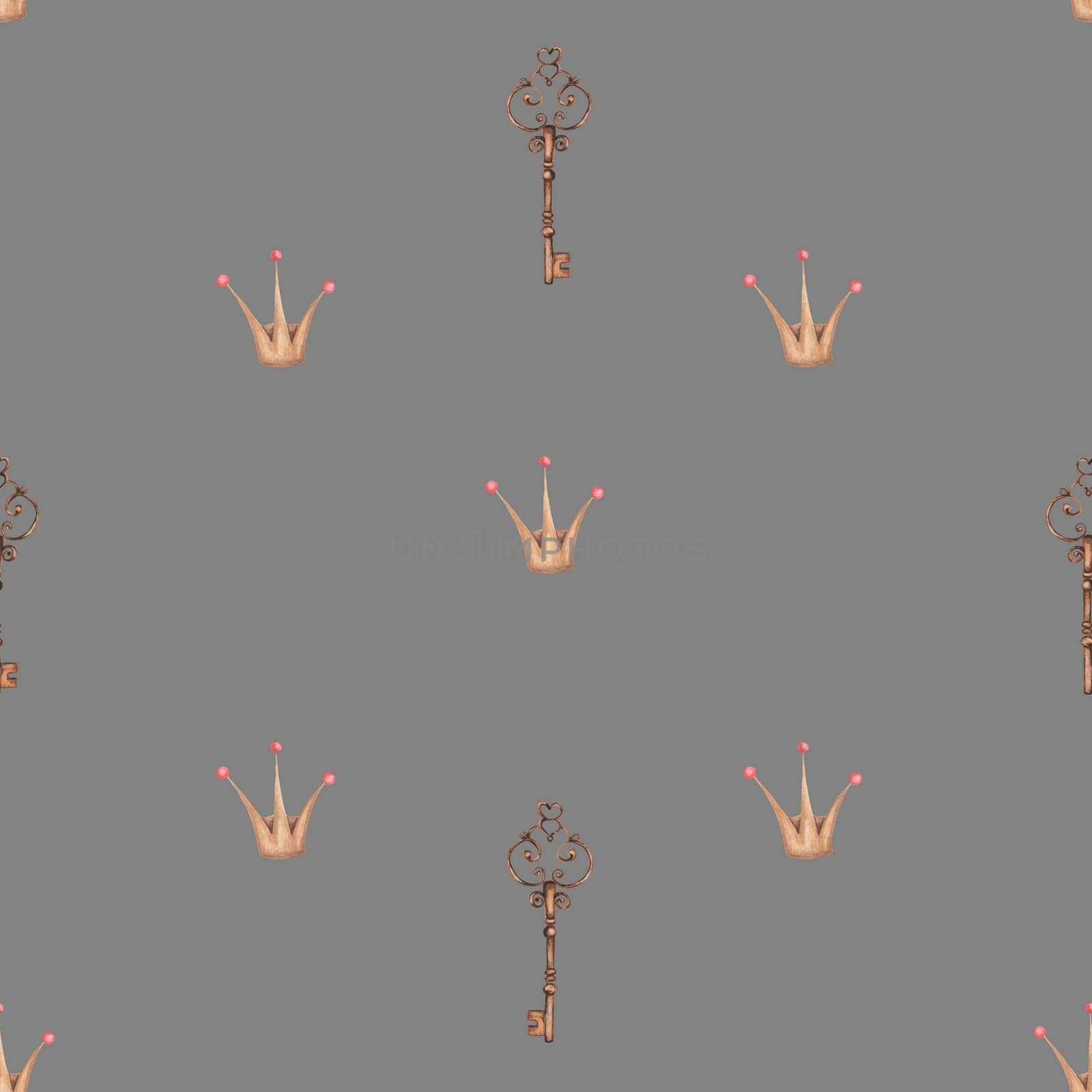 seamless watercolor pattern vintage keys and princess crown. cute beautiful pattern with the image of a key and a crown on a black background for princesses. enjoy. High quality illustration